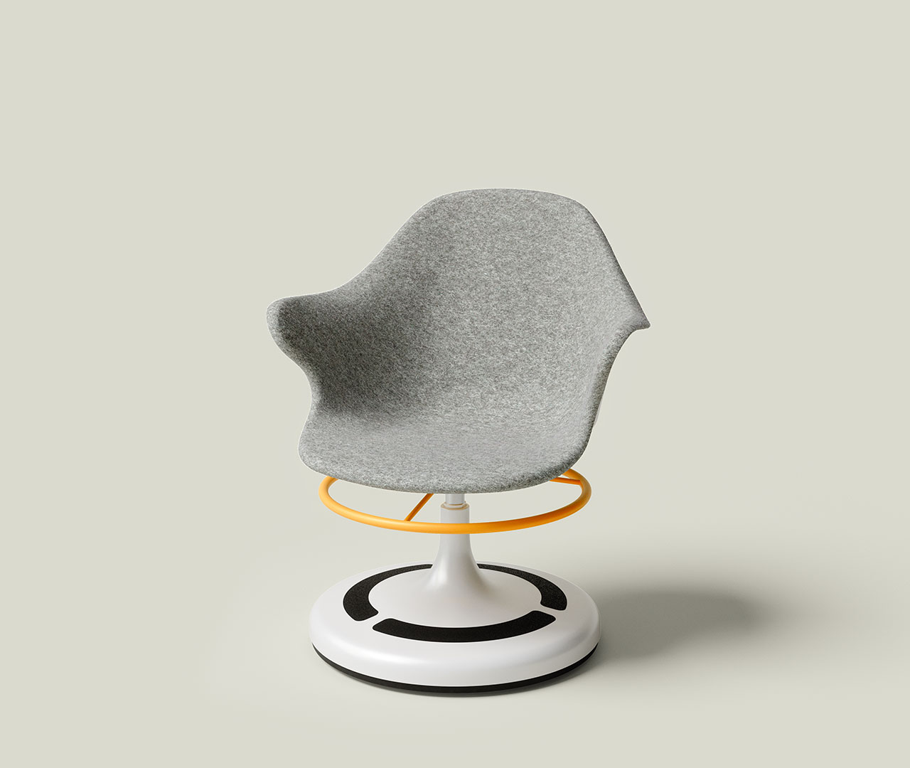 Drehstuhl mit weißem Sockel, grauem Sitz und Armlehnen auf rundem Fuß.