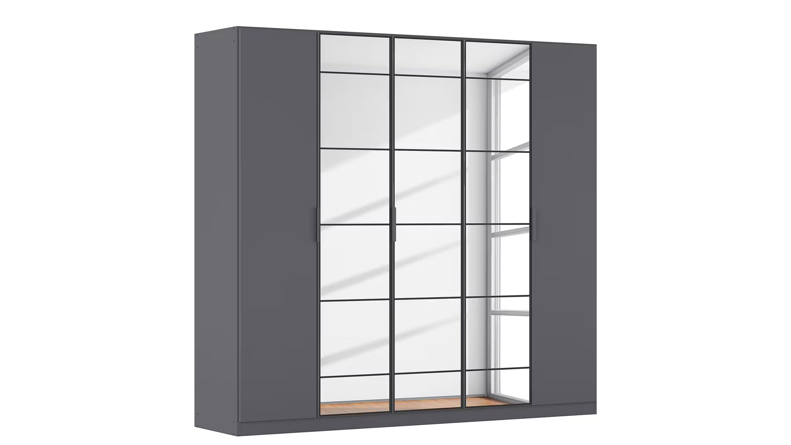 Fünftüriger Drehtürenschrank in grauem Metallic mit drei Spiegeltüren in der Mitte
