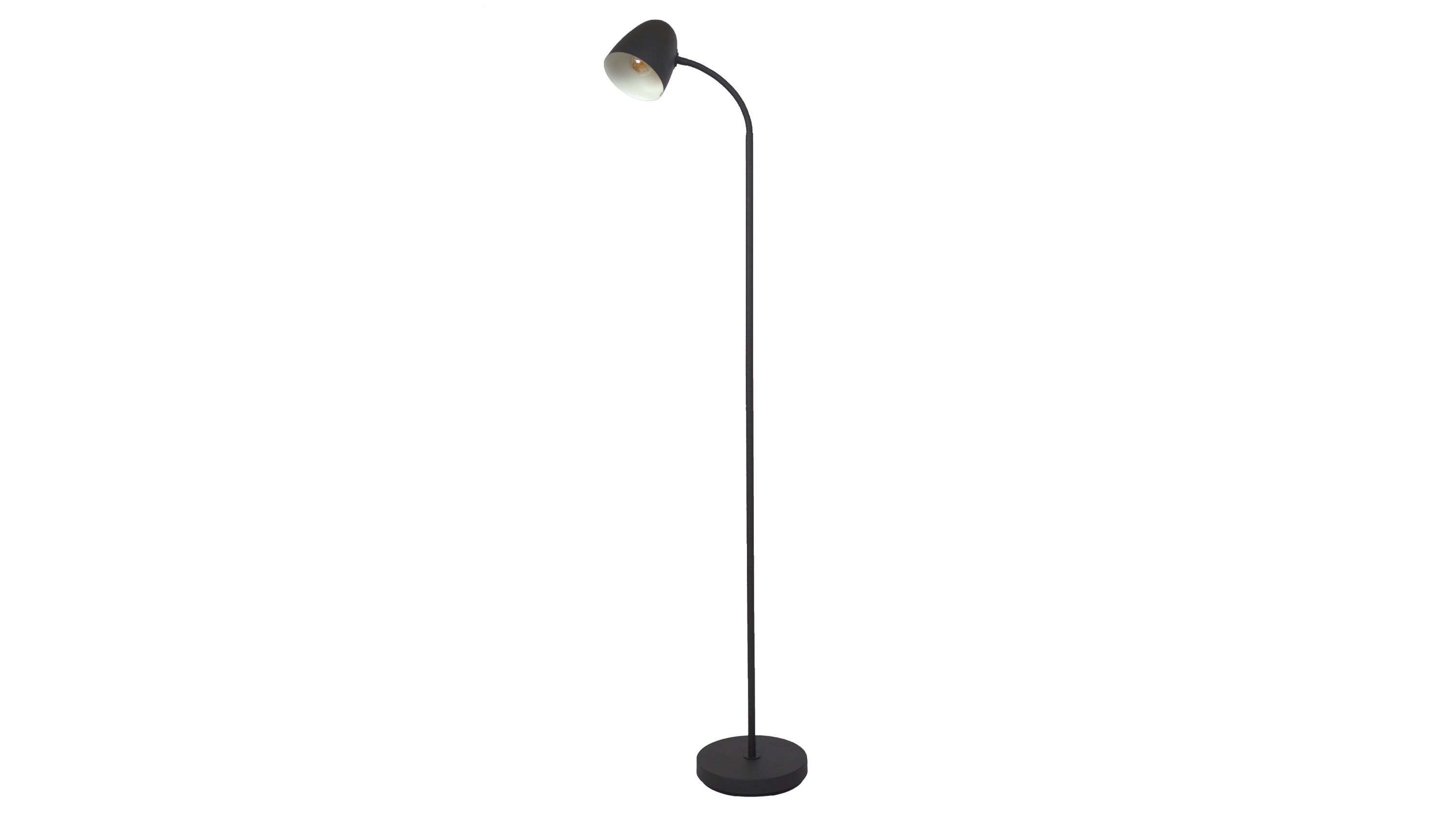 Schwarze Stehlampe mit gebogenem Arm und rundem Fuß Schwarze Stehlampe mit rundem Fuß und gebogenem Arm mit kegelförmigem Lampenschirm