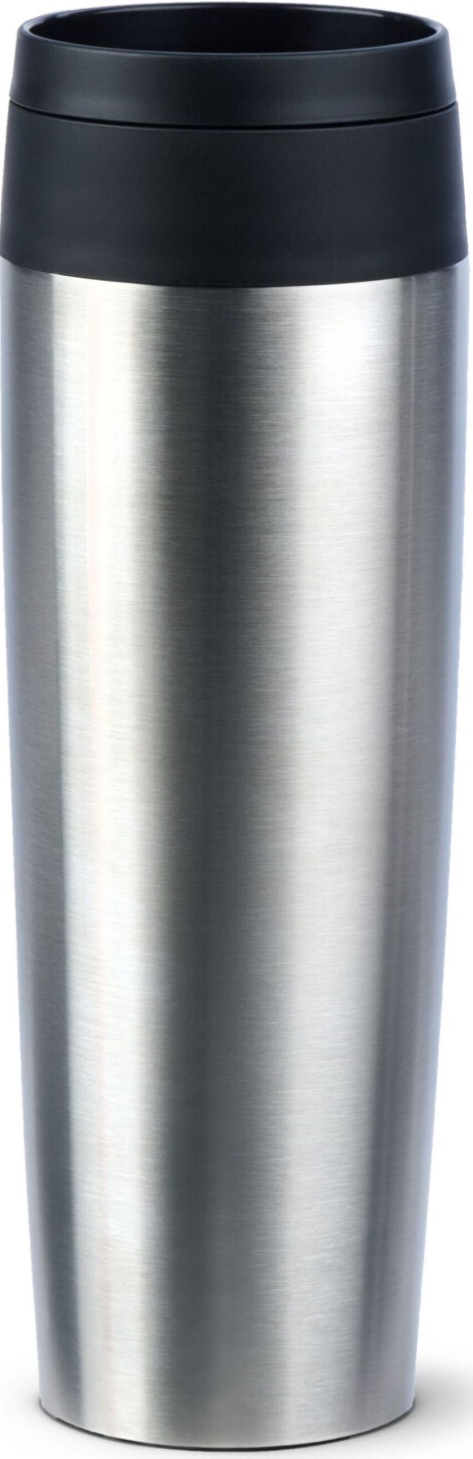 Schlanker Edelstahl-Thermobecher mit schwarzem Deckel – elegante Frontalansicht Frontalansicht eines schlanken Edelstahl-Thermobechers mit schwarzem Deckel aus Augenhöhe fotografiert.