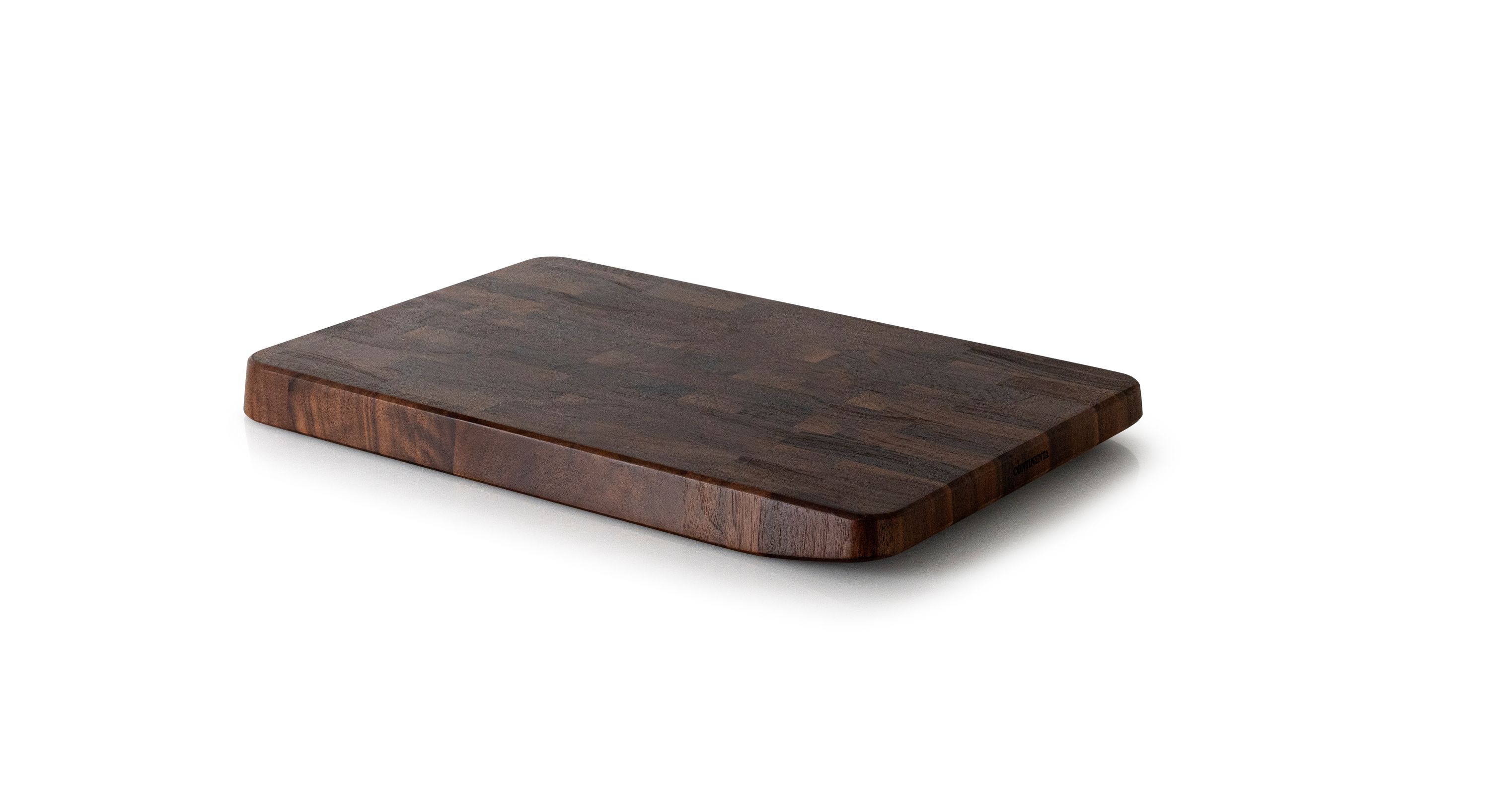 Stirnholz-Schneidebrett mit dunklem Finish Rechteckiges Schneidebrett aus Stirnholz mit dunkler Oberfläche helle/dunkle Holzsegmente leicht schräg von rechts