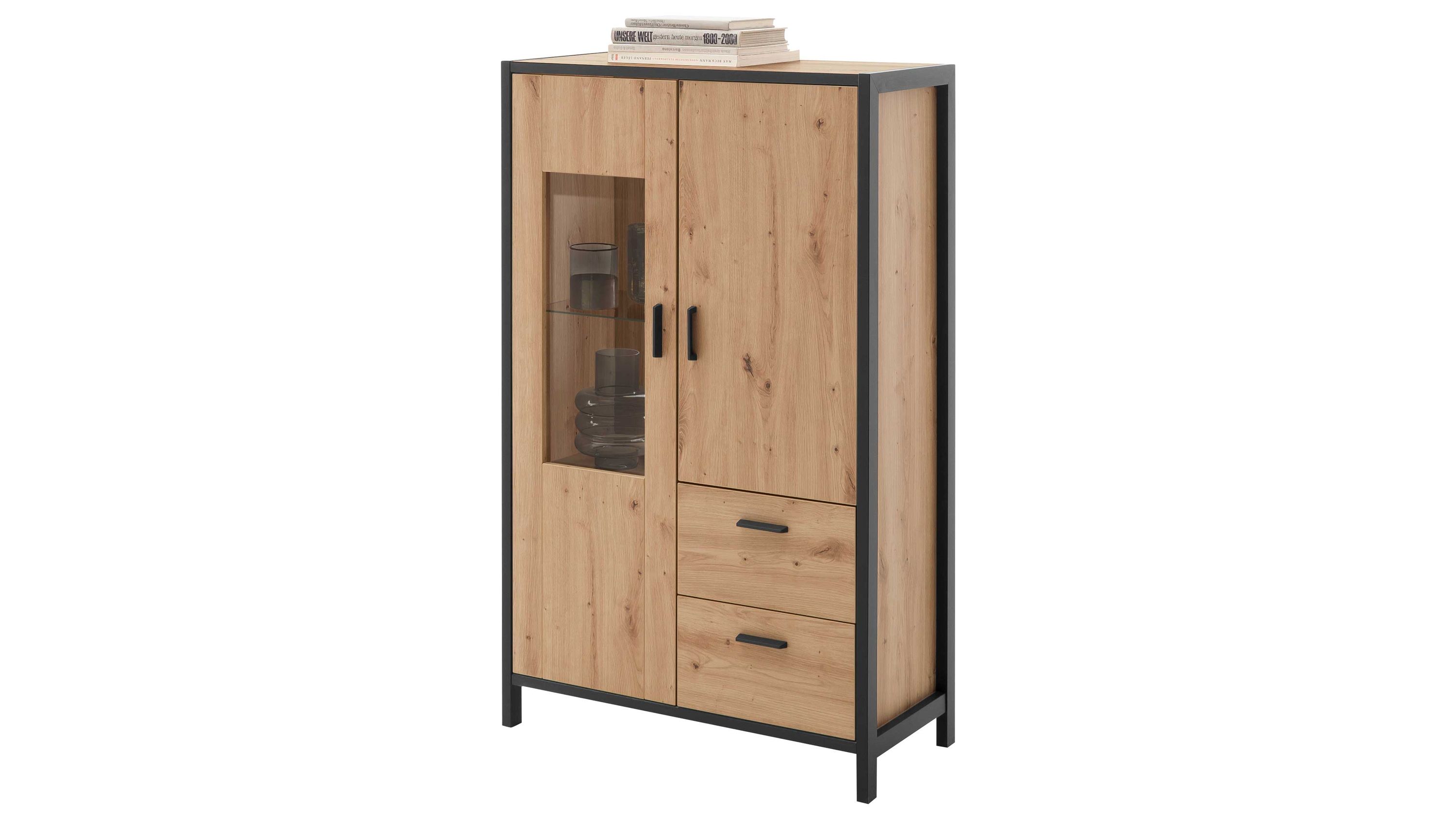 Hohes Sideboard mit zwei Türen zwei Schubladen und Glasfach Holzoptik hell Rahmen und Griffe dunkel