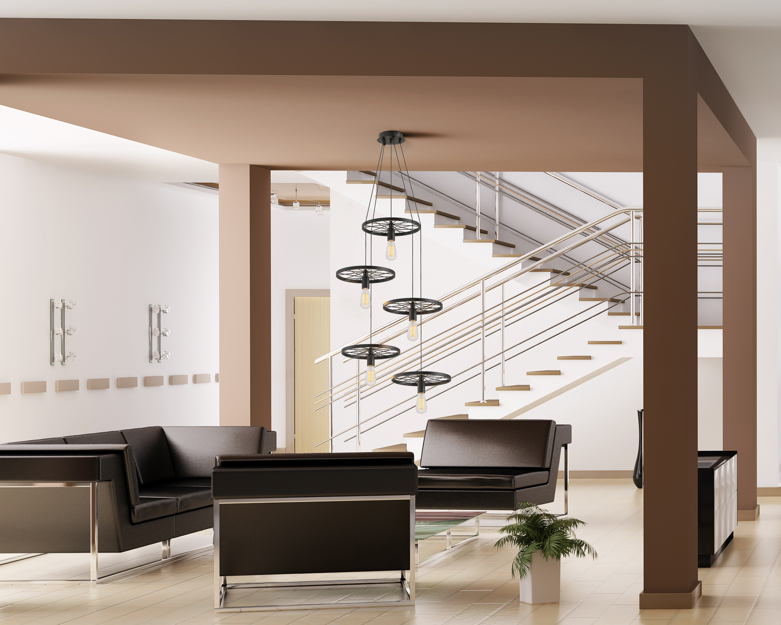 Modernes Wohnzimmer mit Treppe Wohnzimmer in Braun-Weiß mit schwarzen Sofas, Glastisch und Treppe mit Hängelampen, frontal aufgenommen