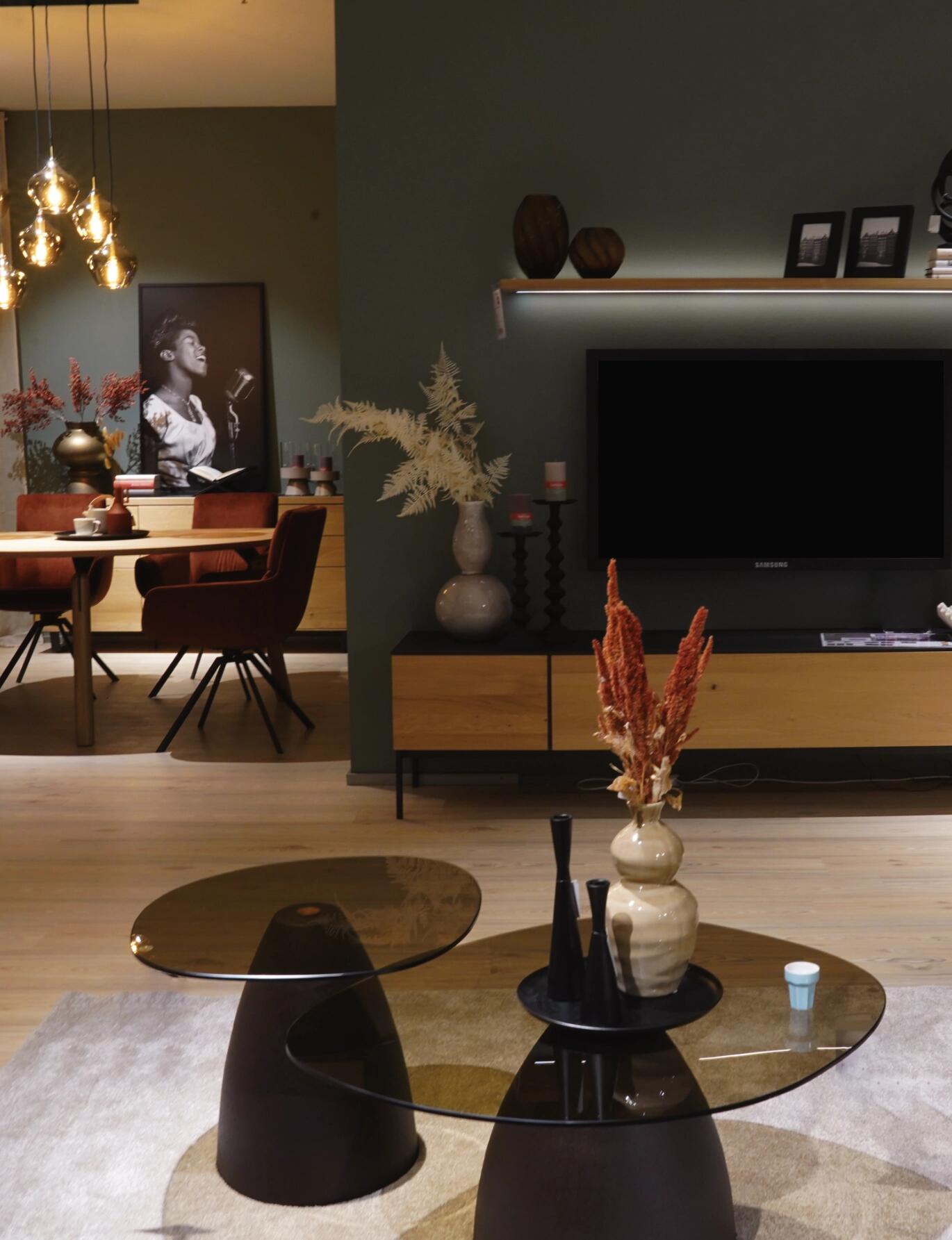 Modern eingerichteter Wohnraum mit Essplatz, TV-Möbel, Designerleuchten und harmonisch abgestimmter Einrichtung.