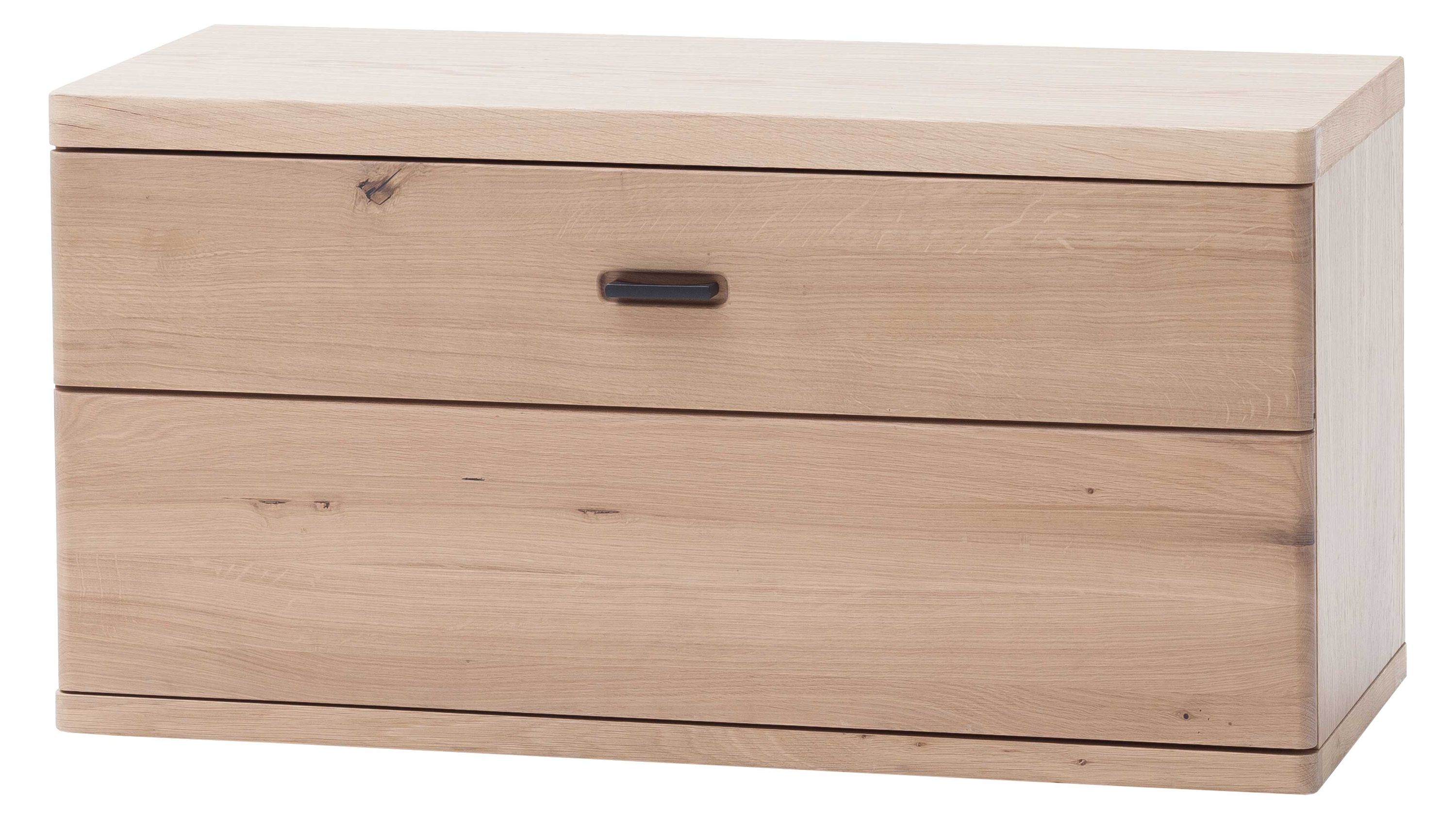 Garderobenbank mit einer Klapptür in heller Holzoptik mit sichtbarer Maserung und schwarzem Griff