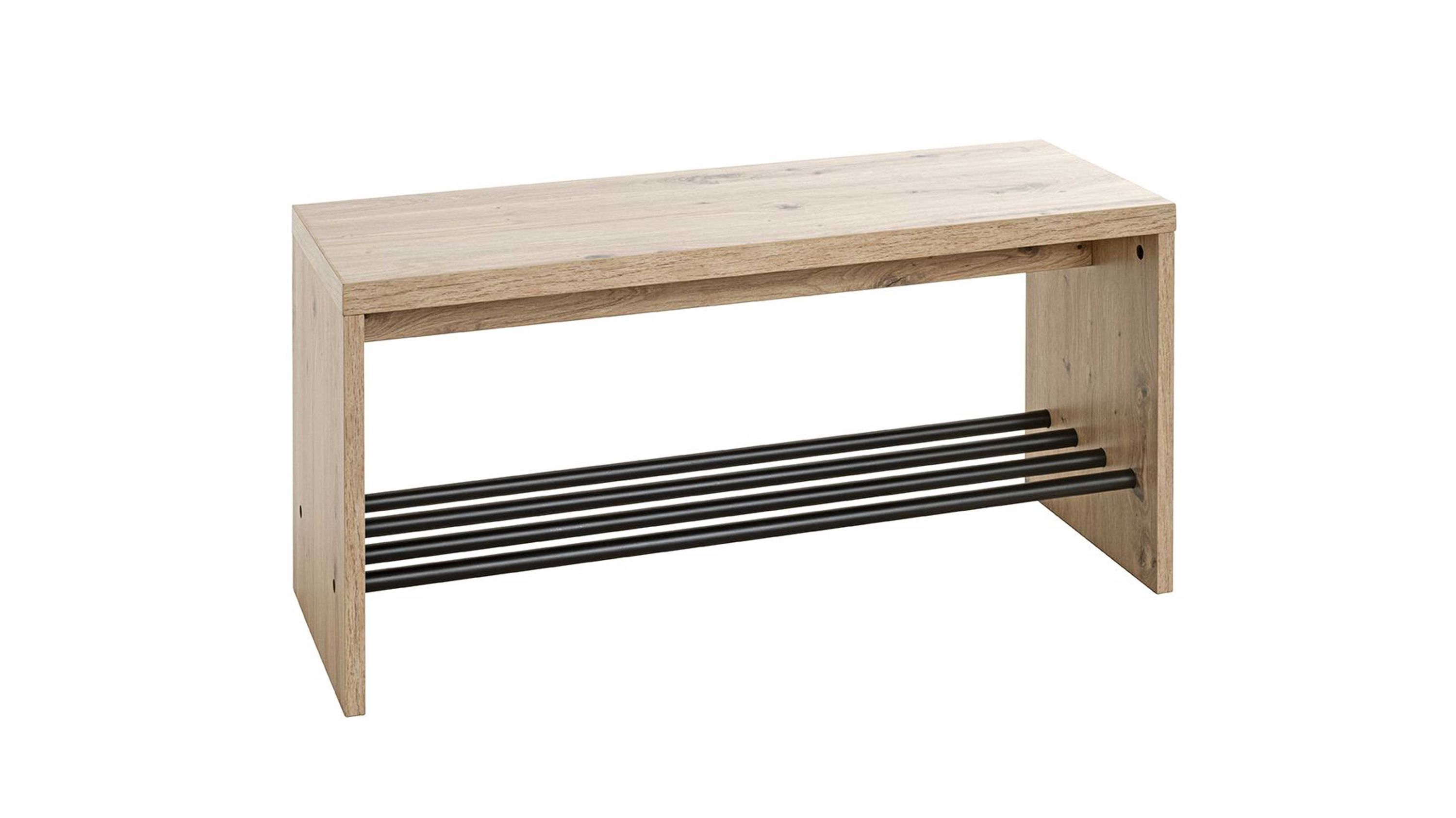 Schuhbank mit rechteckiger Sitzfläche aus hellem Holz und schwarzer Metallablage darunter