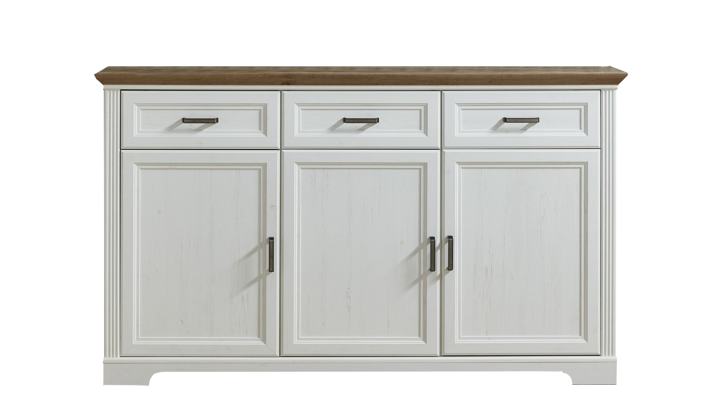 Sideboard mit drei Türen und drei Schubladen in Weiß und Braun Sideboard mit drei weißen Türen und drei Schubladen braune Abdeckplatte