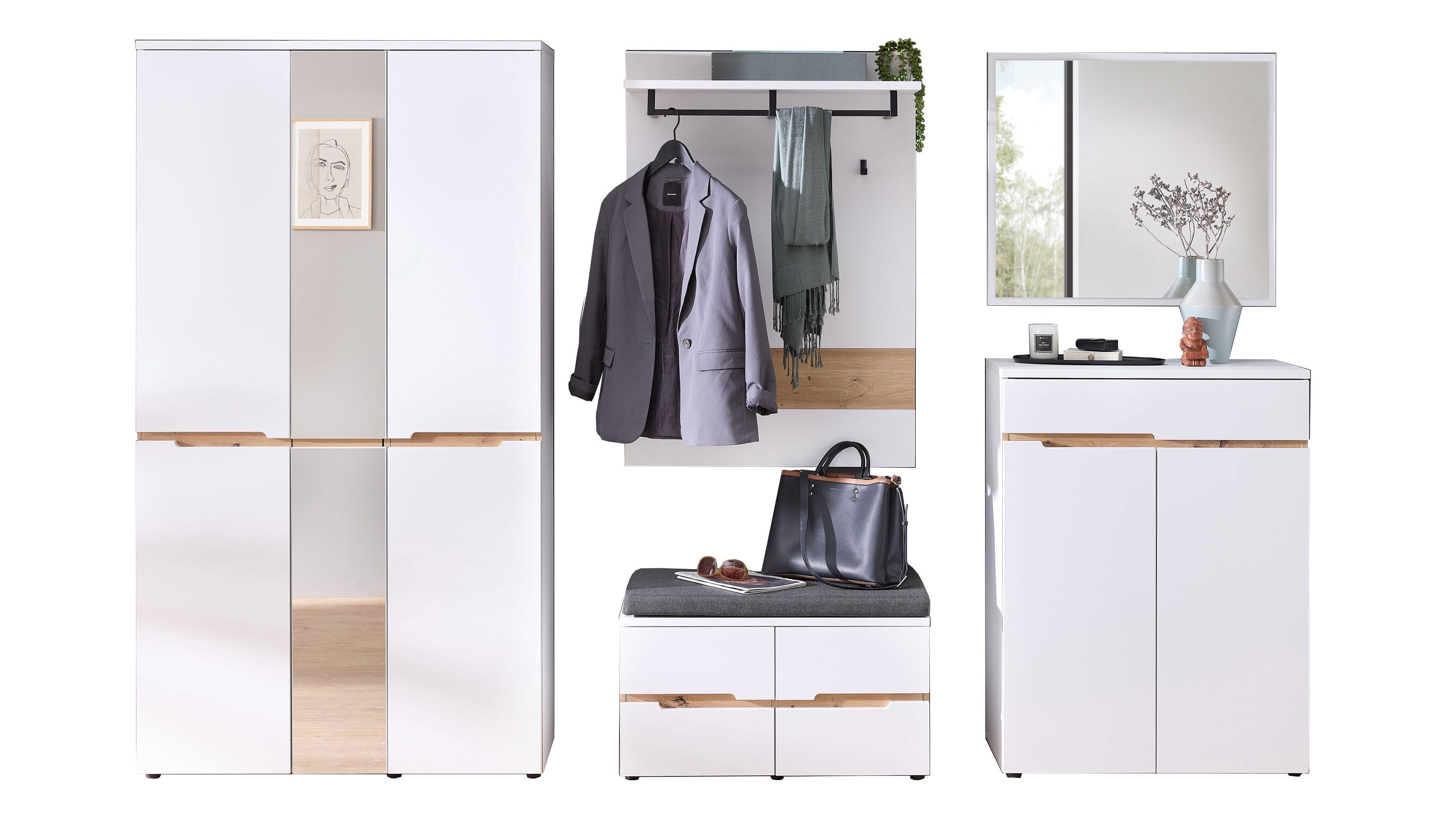 Garderoben-Set mit weißen Fronten und Holzdekor: Schrank, Garderobenpaneel mit Sitzbank, Kommode und Spiegel