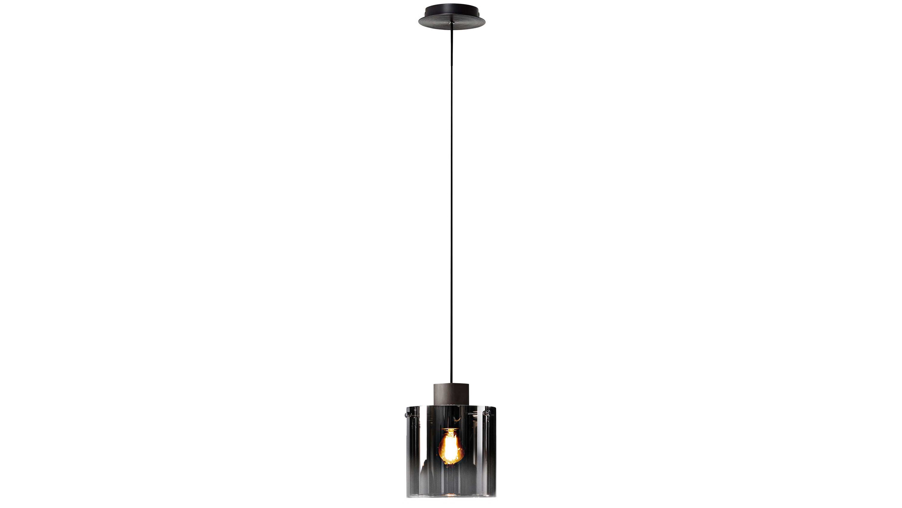 Pendelleuchte mit rauchfarbenem Glasschirm Pendelleuchte mit zylindrischem rauchfarbenem Glasschirm und schwarzem Kabel