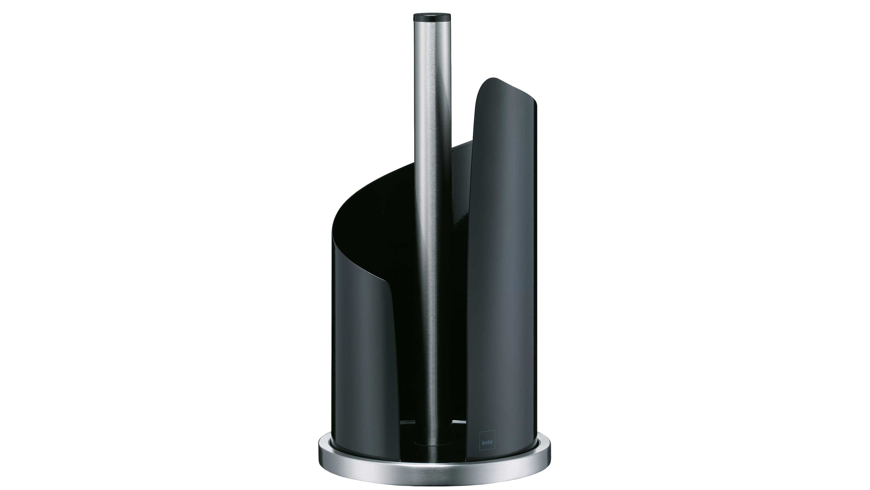 Küchenrollenhalter schwarz mit Metallstange und rundem Sockel Schwarzer Küchenrollenhalter mit rundem Sockel und mittlerer Stange aus Metall