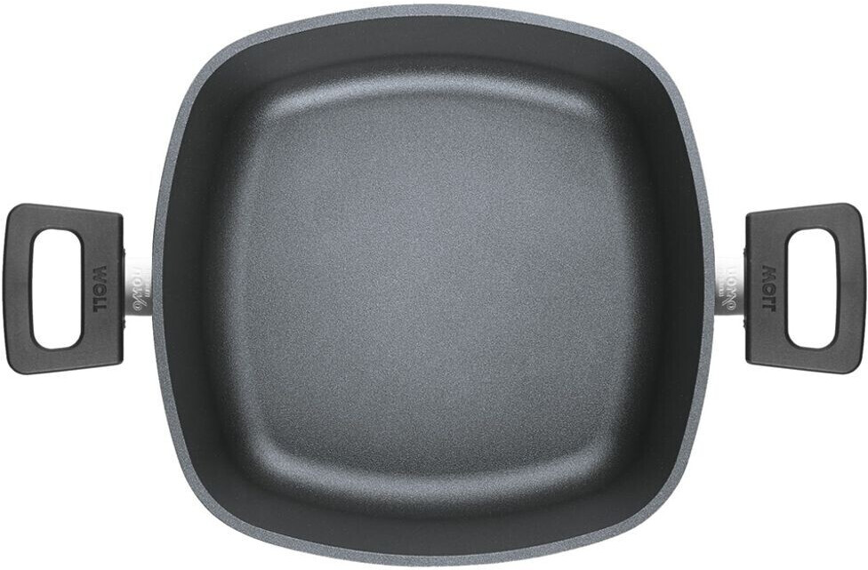 Quadratische Bratpfanne mit zwei Griffen Draufsicht schwarze quadratische Bratpfanne mit zwei seitlichen Griffen auf heller Fläche ohne Deckel