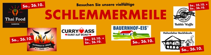 Werbebanner mit Schriftzug Schlemmermeile und Logos verschiedener Essensstände auf orangefarbenem Hintergrund. Werbebanner mit Schriftzug Schlemmermeile und Logos verschiedener Essensstände auf orangefarbenem Hintergrund.