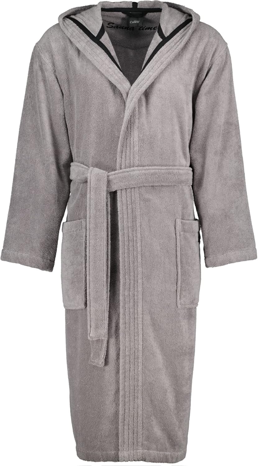 Herren-Bademantel grau in Steinoptik mit Kapuze und Gürtel  aufgenommen frontal auf weißem Hintergrund