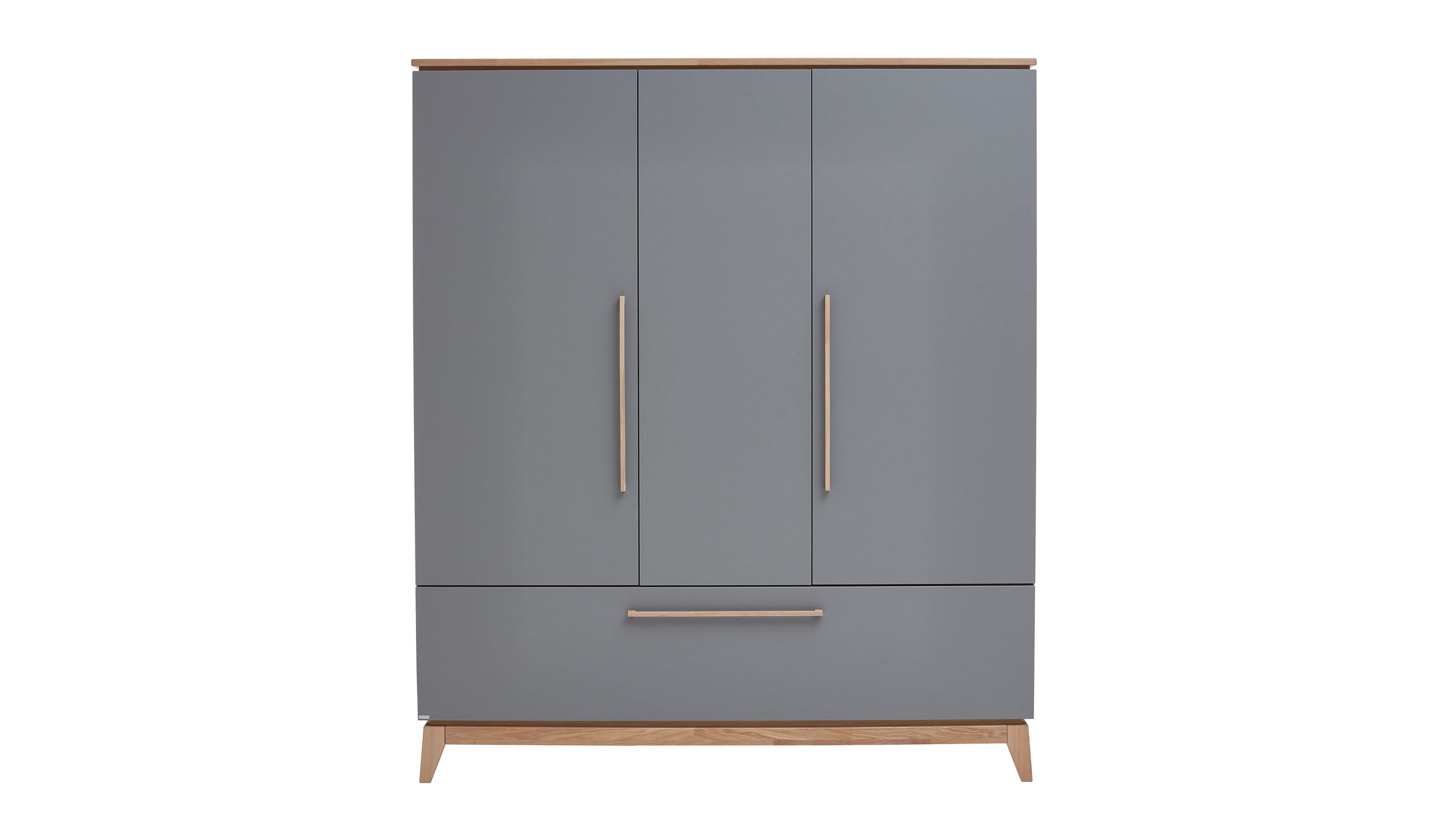 Kleiderschrank mit drei Türen und Schublade in Schiefergrau und Holz Kleiderschrank mit drei schiefergrauen Türen und einer Schublade Holzfuß und Holzgriff