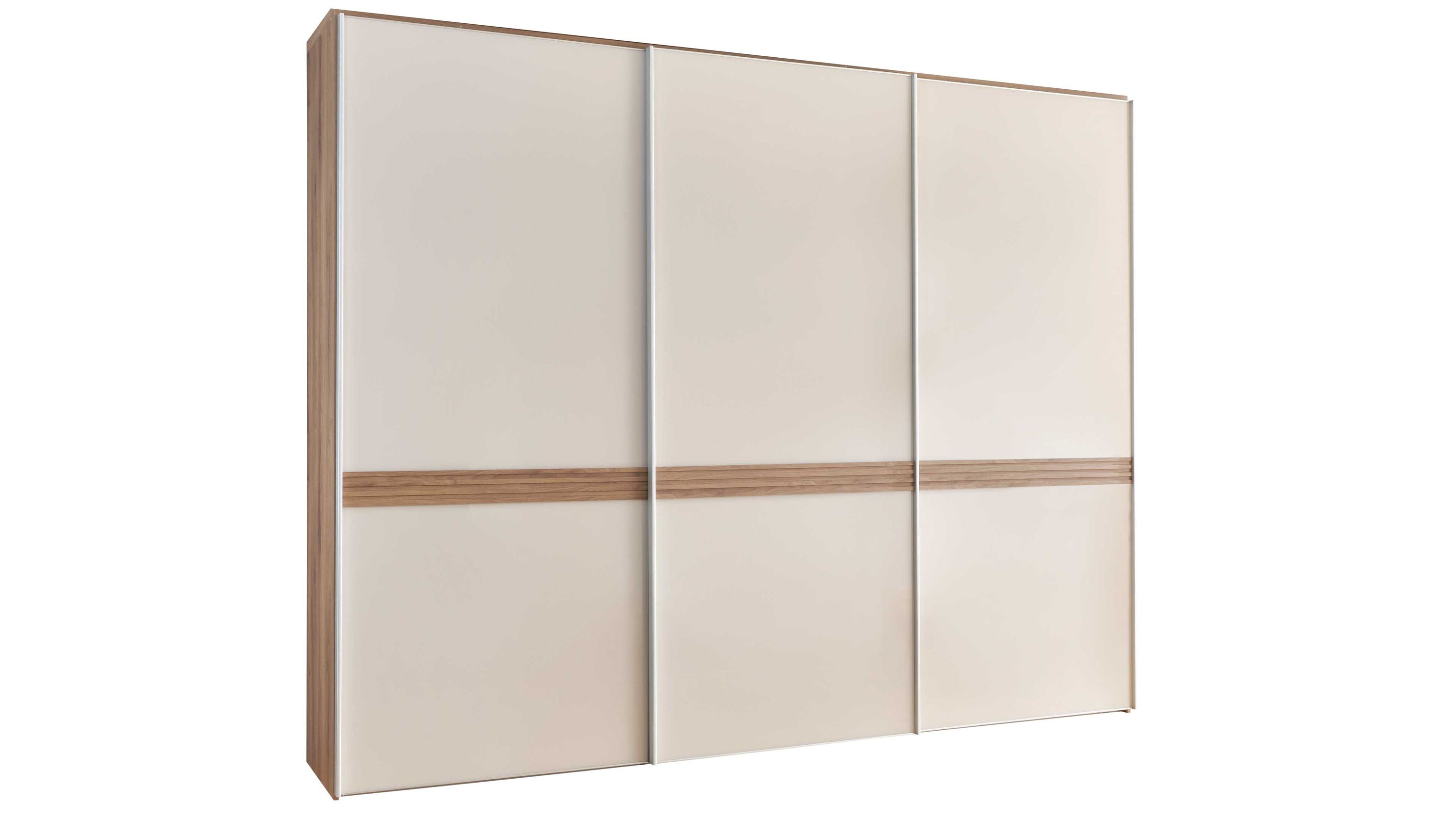 Schwebetürenschrank mit drei elfenbeinfarbenen Türen und mittigem Holzstreifen in heller Eiche