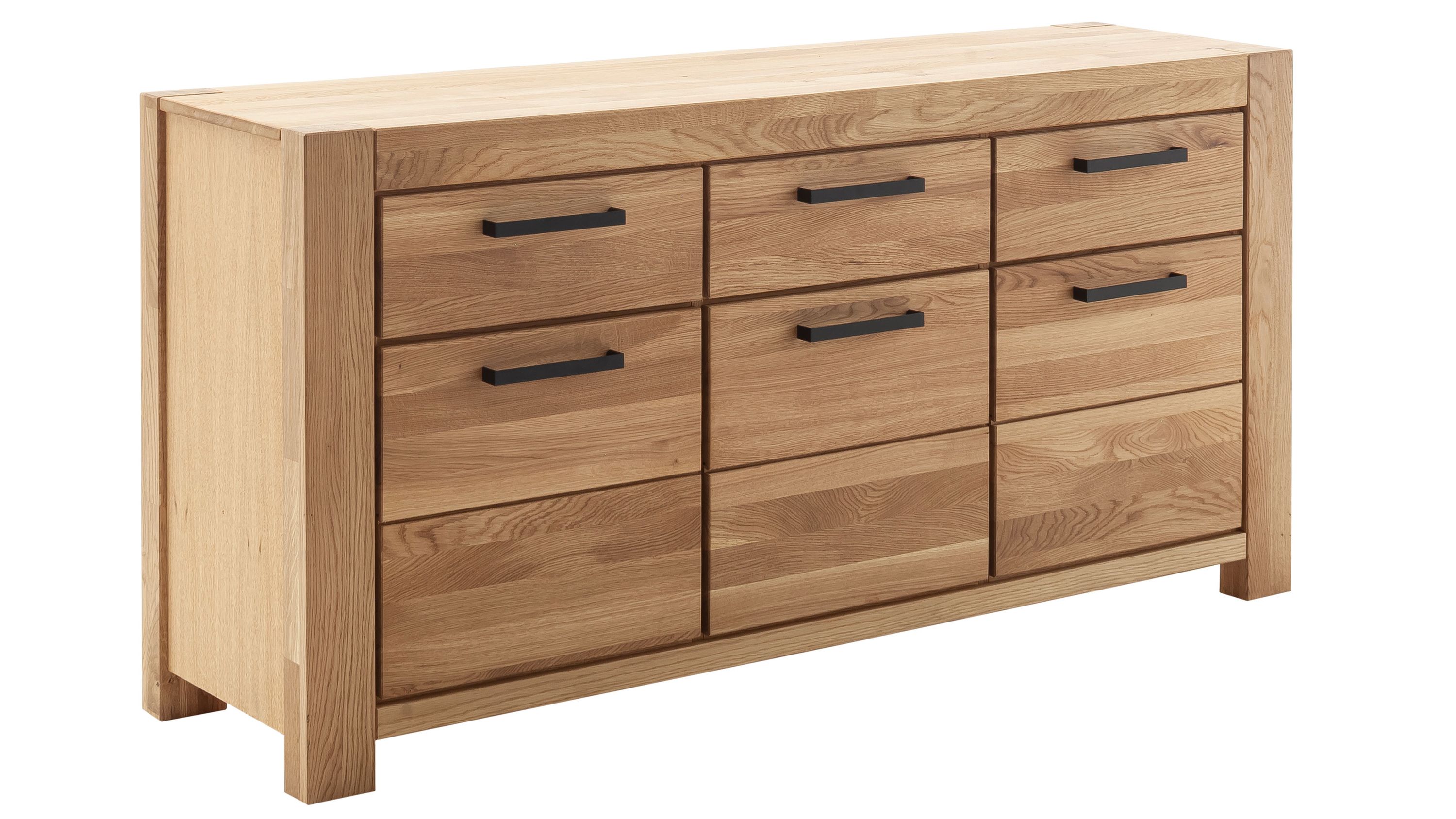 Sideboard mit drei Schubladen und drei Türen in Holzoptik mit schwarzen Griffen