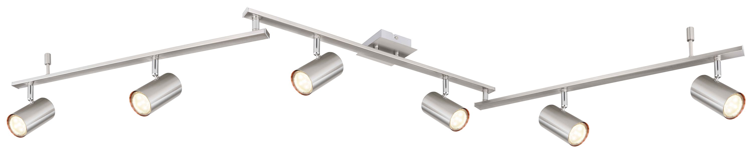 Z-förmiger verchromter LED-Deckenstrahler mit sechs zylindrischen Spots gleichmäßig verteilt frontal