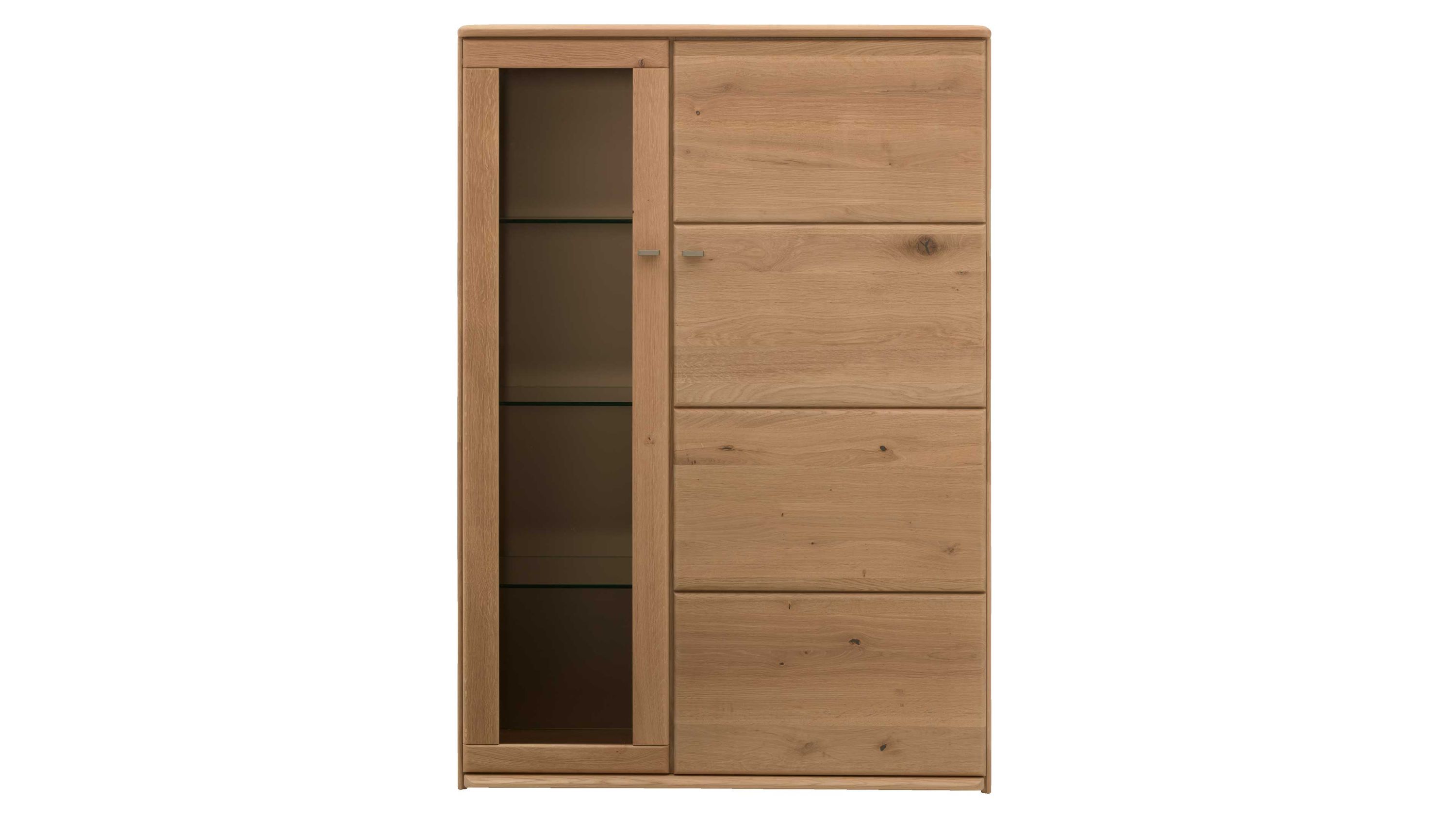Hohes Sideboard mit Glastür und Holztür in heller Farbe Hohes Sideboard mit zwei Türen eine Glastür mit drei Regalböden Holzoptik in heller Farbe