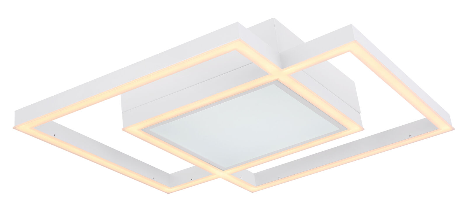 Weiße Deckenleuchte mit überlappenden rechteckigen Rahmen und zentralem LED-Panel  Draufsicht  modernes Design
