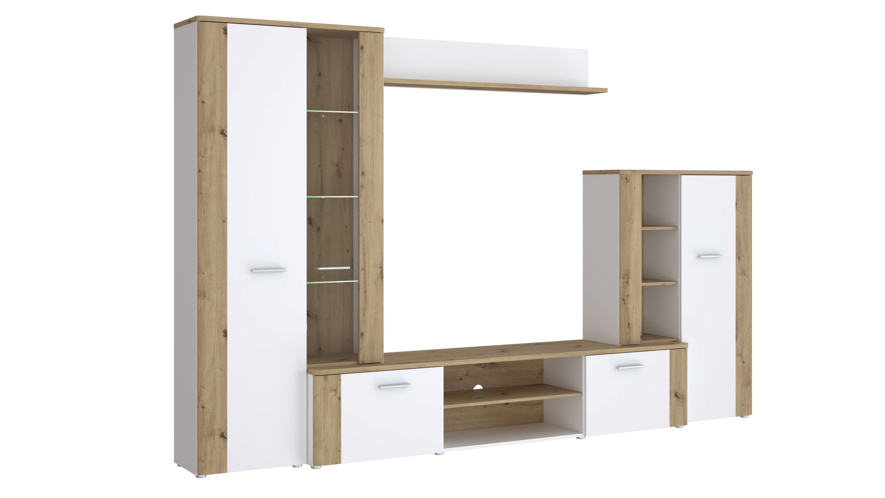 Vierteilige Wohnwand mit weißen Fronten und Holzoptik in Eichefarben mit Schranktüren Regalen und Ablageflächen