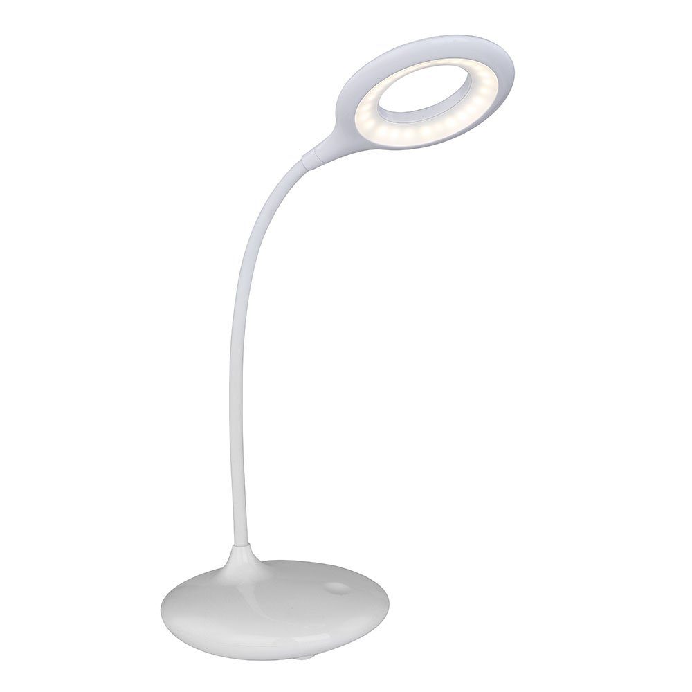 Weiße LED-Tischleuchte mit rundem Leuchtkopf flexiblem Hals rundem Fuß dimmbar und per Touch steuerbar schräg vorn links