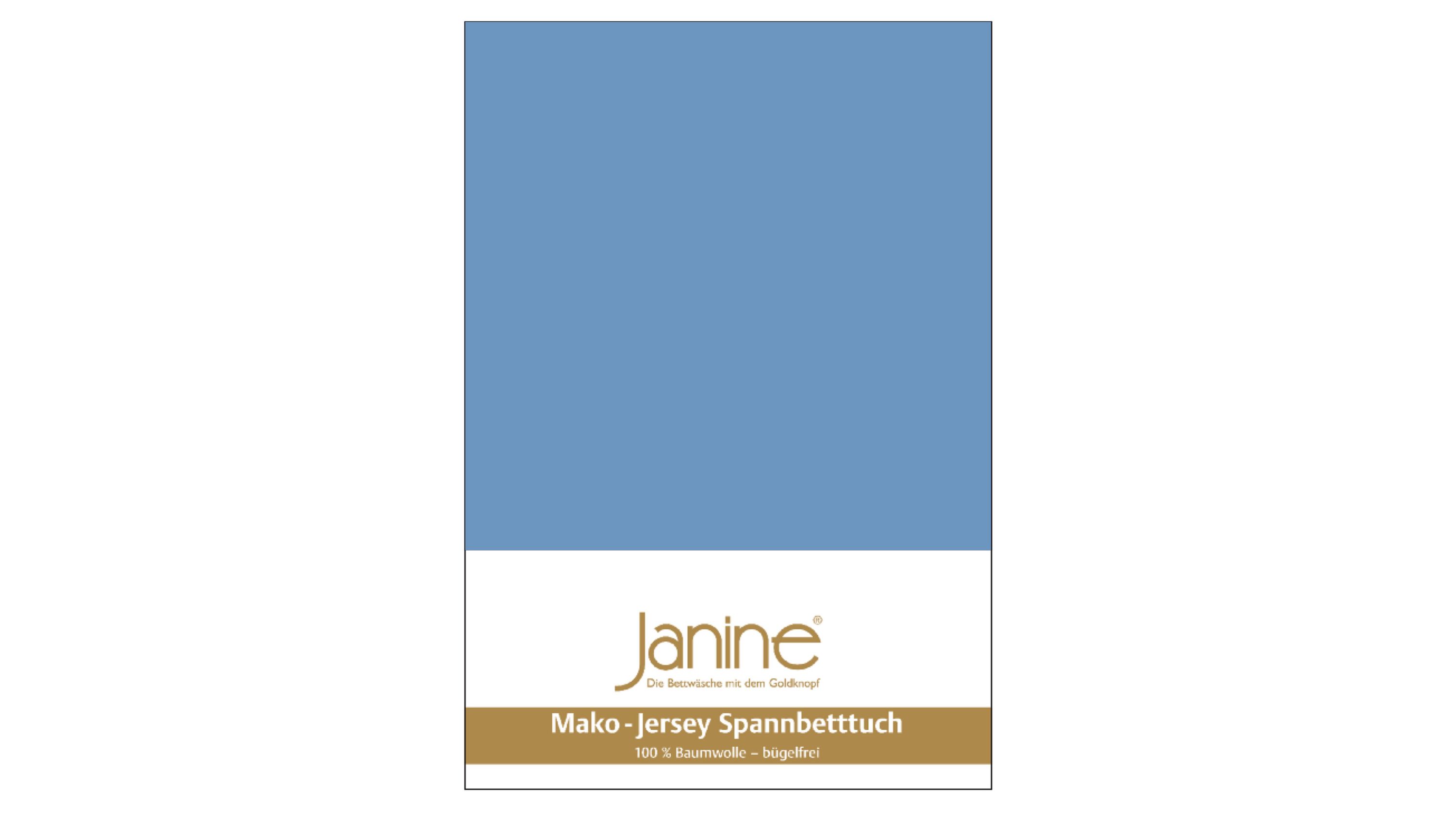 Blaues Spannbettlaken aus Jersey-Stoff mit Verpackung und Markenaufdruck Janine