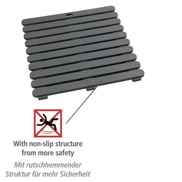 Rutschfeste Sicherheitsmatte Schwarze Matte mit rutschhemmender Struktur und Symbol für Sicherheit, frontal aufgenommen