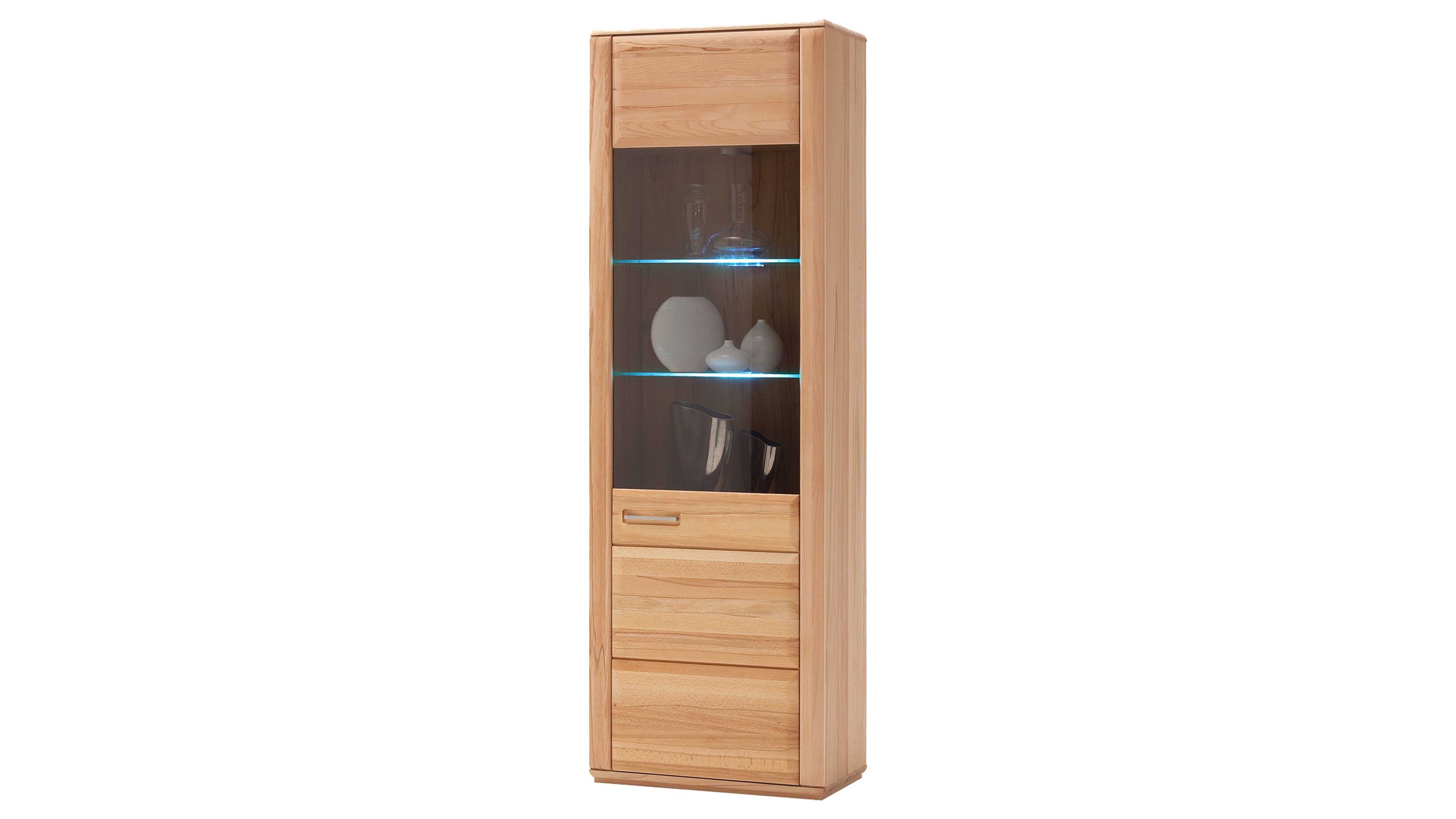 Vitrinenschrank mit Glastür und Holzfront Schmaler Vitrinenschrank mit einer Glastür und zwei Regalböden mit Beleuchtung Holz hell