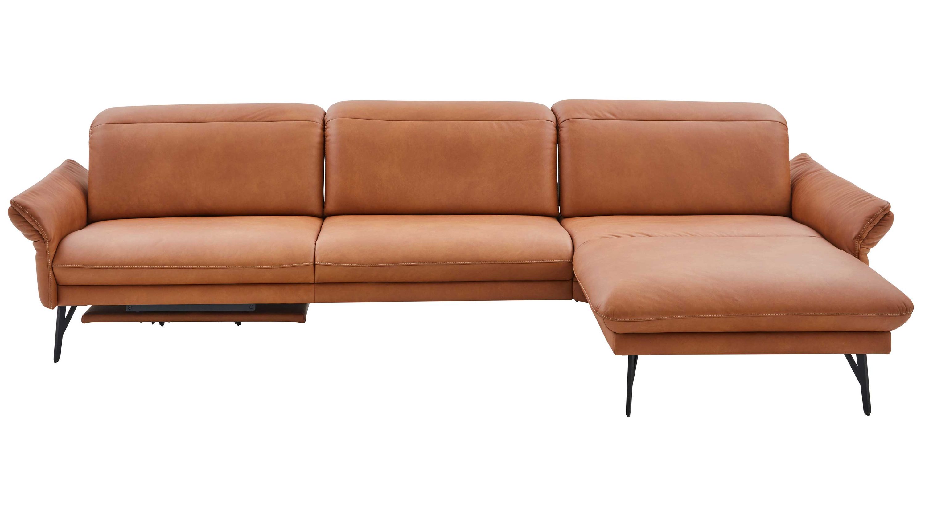 Ecksofa mit motorischer Funktion in braunem Leder und anthrazitfarbenen Metallfüßen
