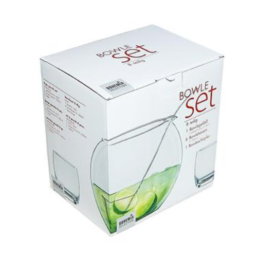 Frontalansicht der Verpackung des Bowle-Sets mit Bildern von Glasbowl sechs Gläsern Schöpfkelle und Schriftzug Bowle Set