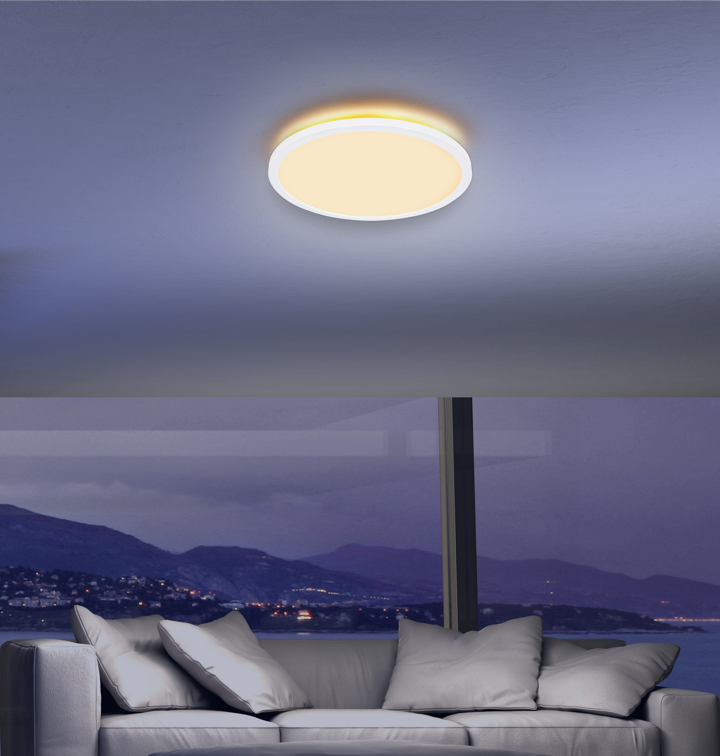 Runde weiße Deckenleuchte leuchtet warm montiert an Decke im Hintergrund Sofa Fenster mit Berg- und Seeblick