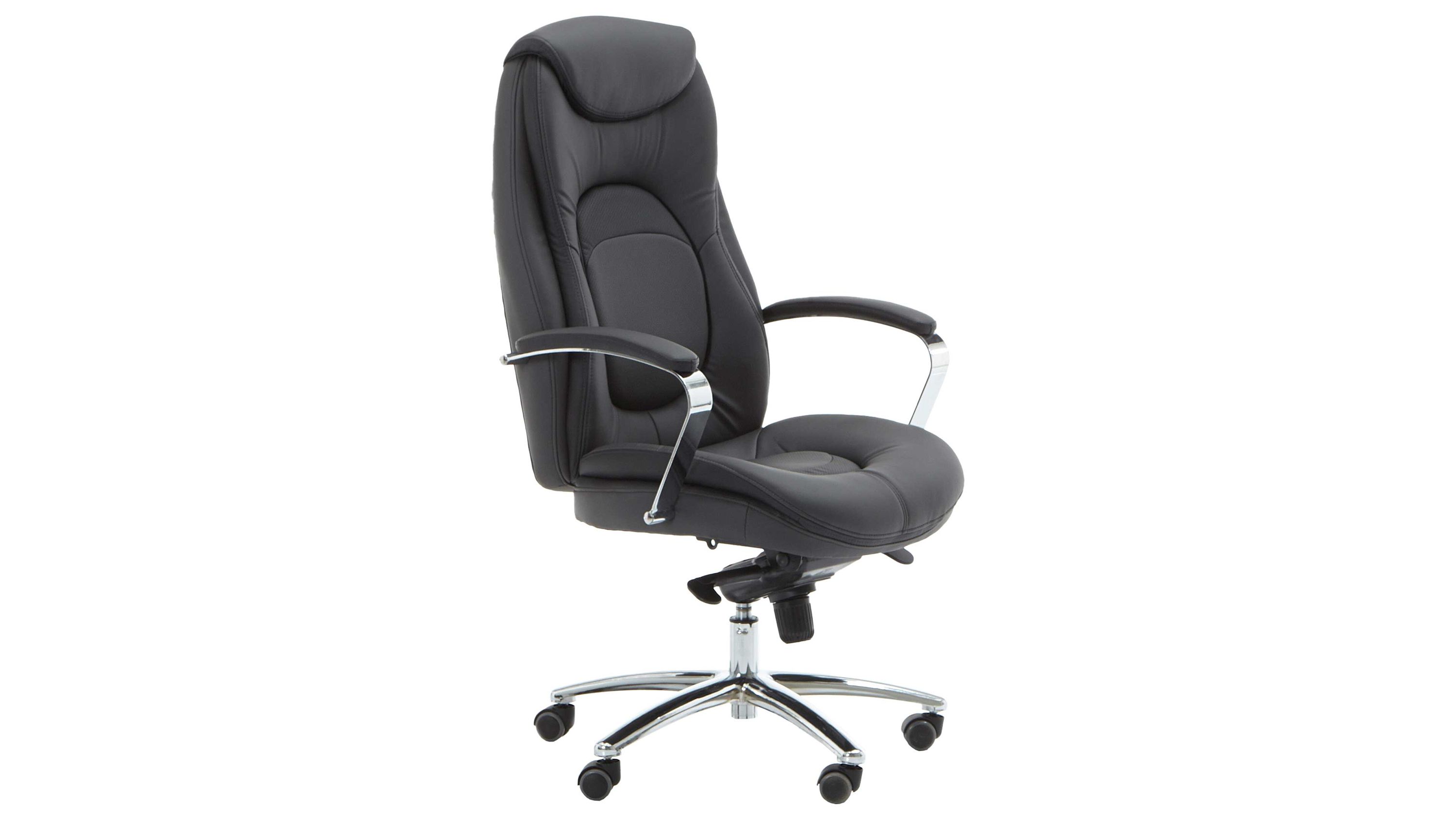 Ergonomischer Bürostuhl mit hoher Rückenlehne gepolstert und anthrazitfarben mit Armlehnen und chromfarbenem Drehkreuz