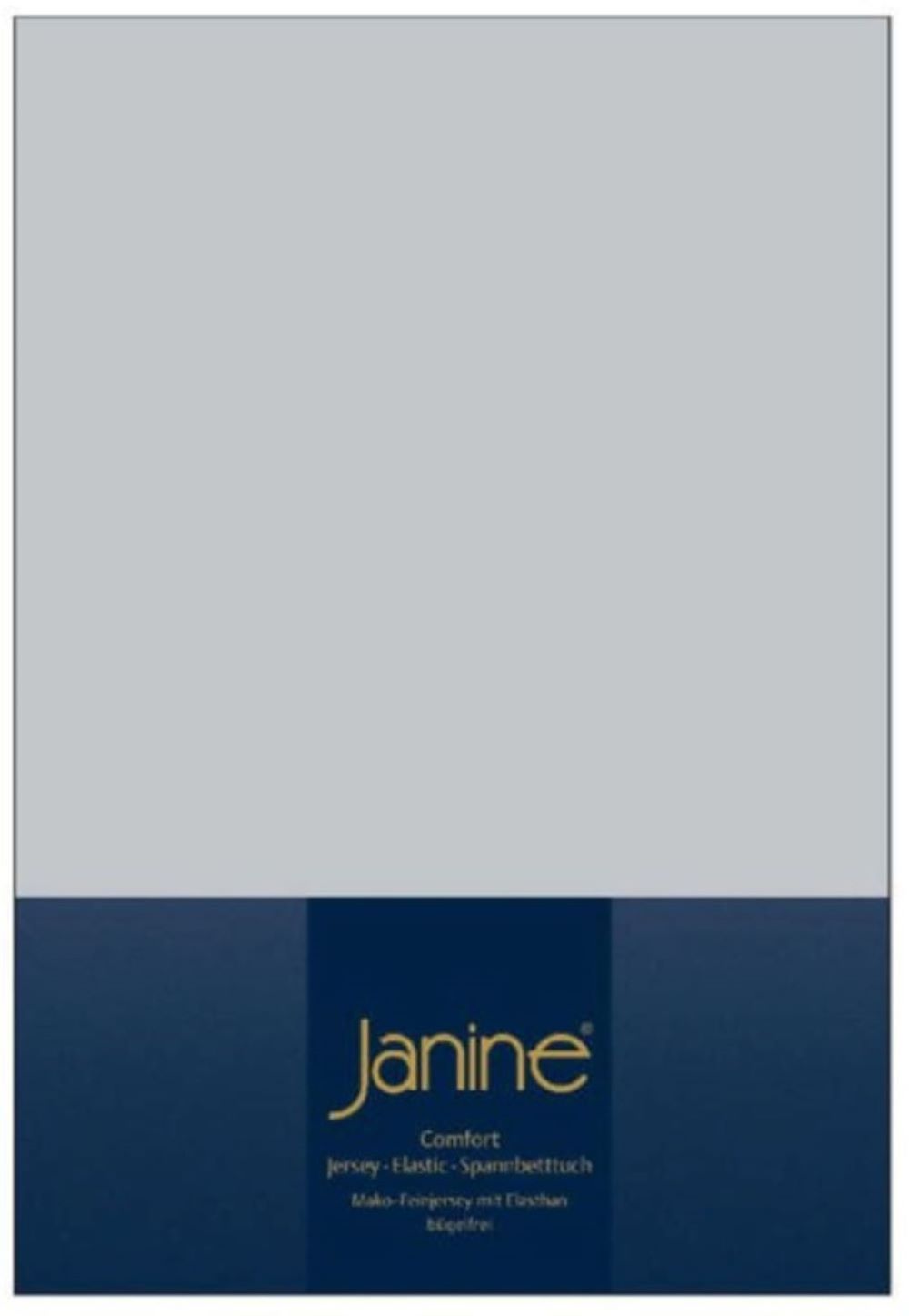 Silbergraues Janine Jersey-Elastik-Spannbettlaken, Verpackung mit Janine-Logo und blauer Banderole frontal