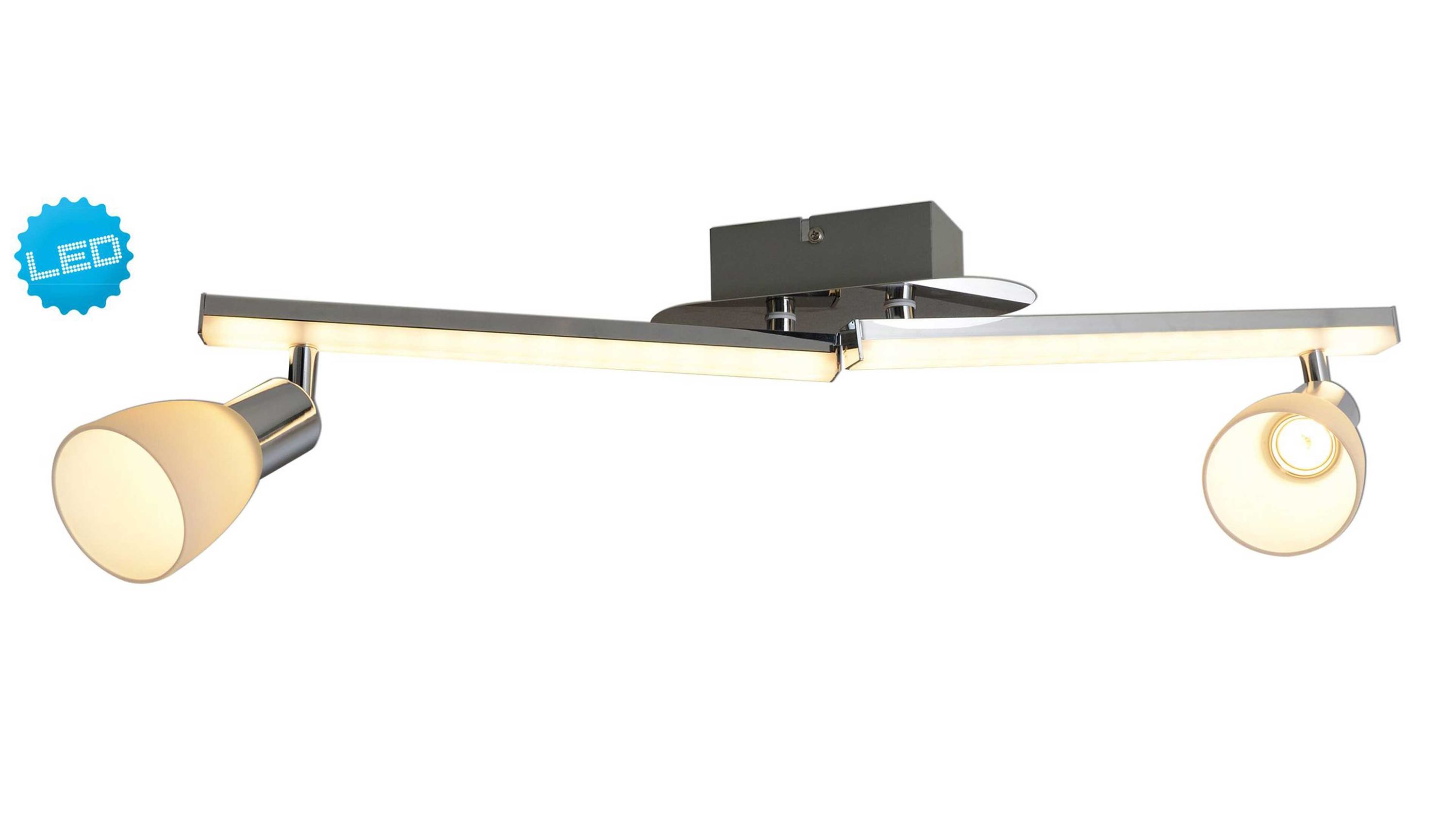 LED-Deckenlampe mit zwei verstellbaren Leuchtenköpfen aus satiniertem Glas und chromfarbenem Gestell
