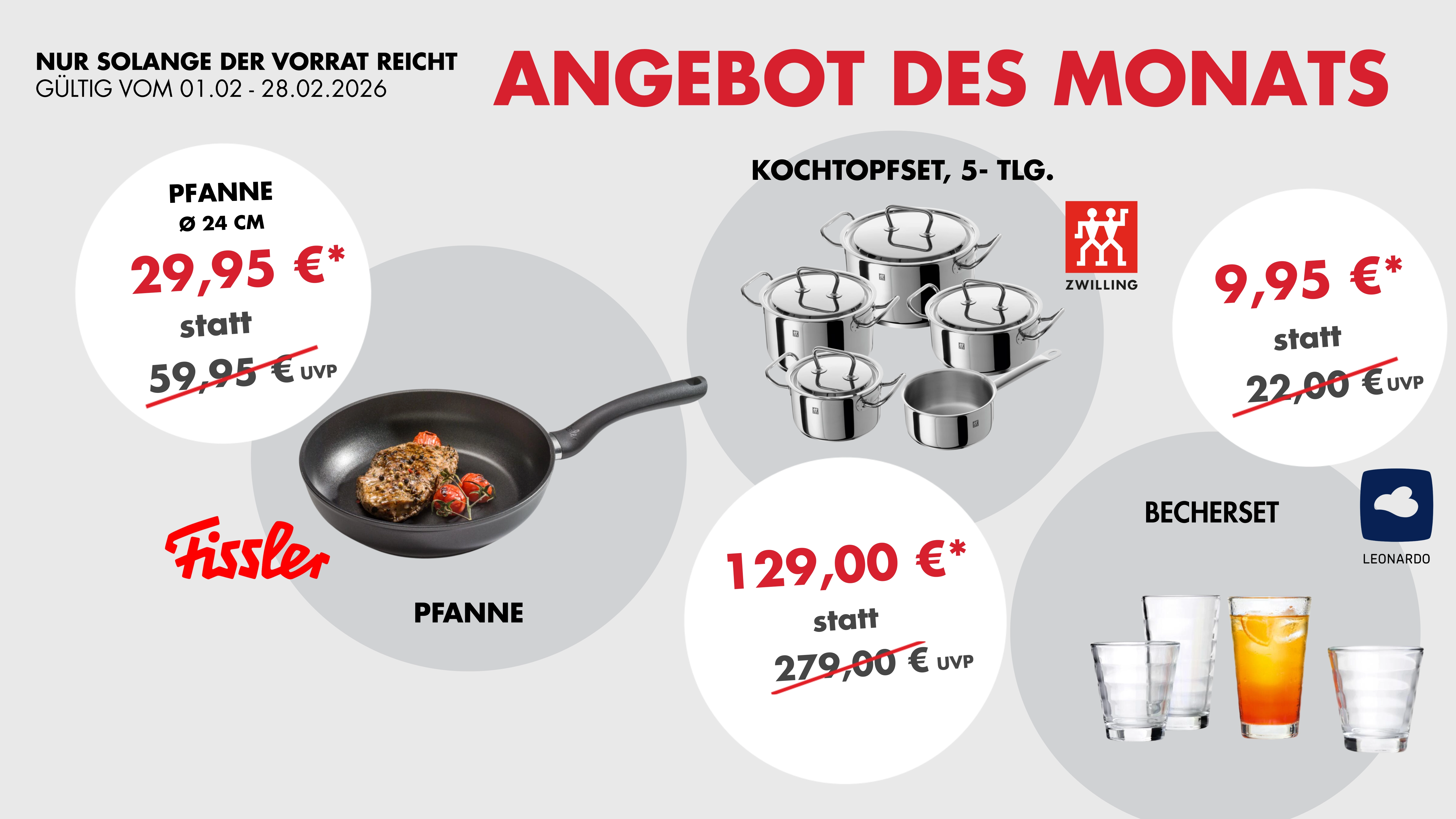 Angebotsgrafik „Angebot des Monats“ mit Fissler-Pfanne, 5-teiligem Zwilling-Kochtopfset und Becherset, jeweils mit reduzierten Preisen.