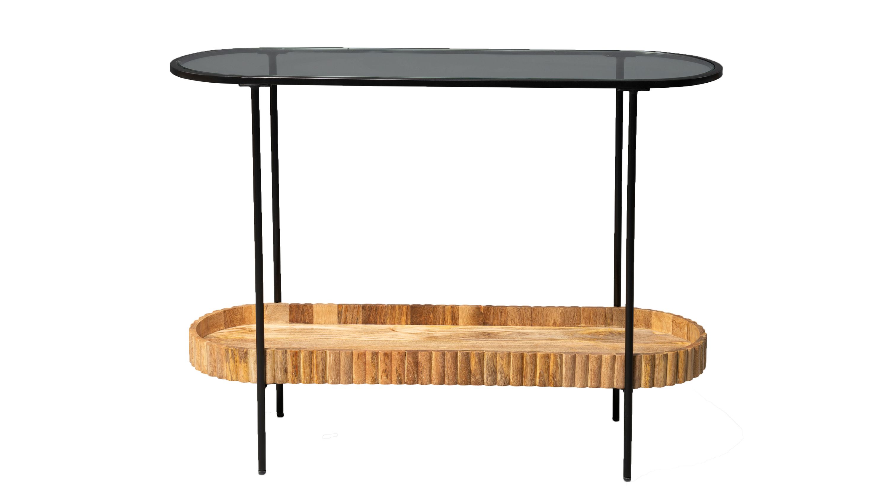 Schwarze Konsole mit ovaler Glasplatte und unterem Ablagefach aus hellem Holz