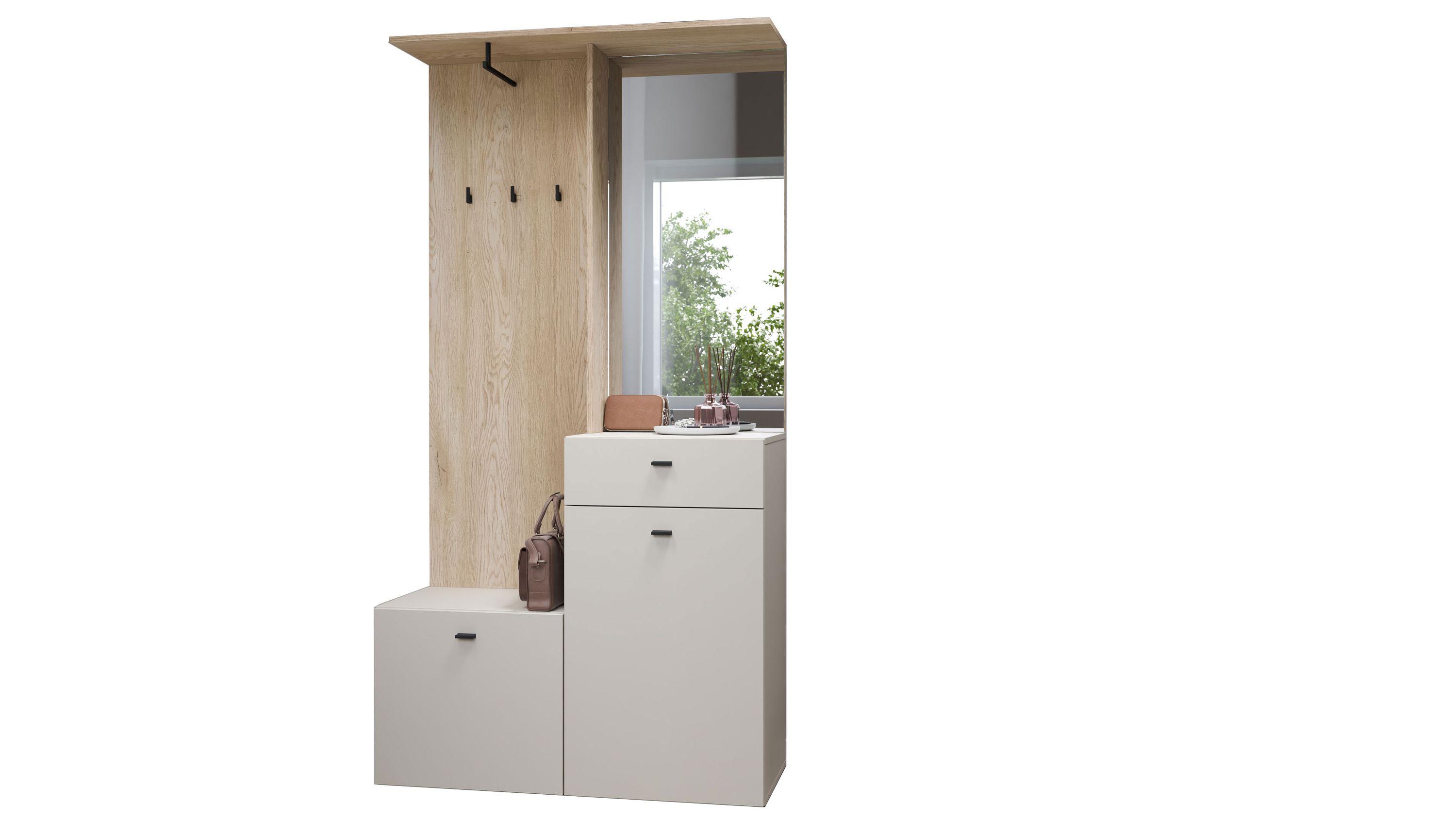 Garderobe mit hellen Schrankelementen Holzrückwand Spiegel und schwarzen Haken