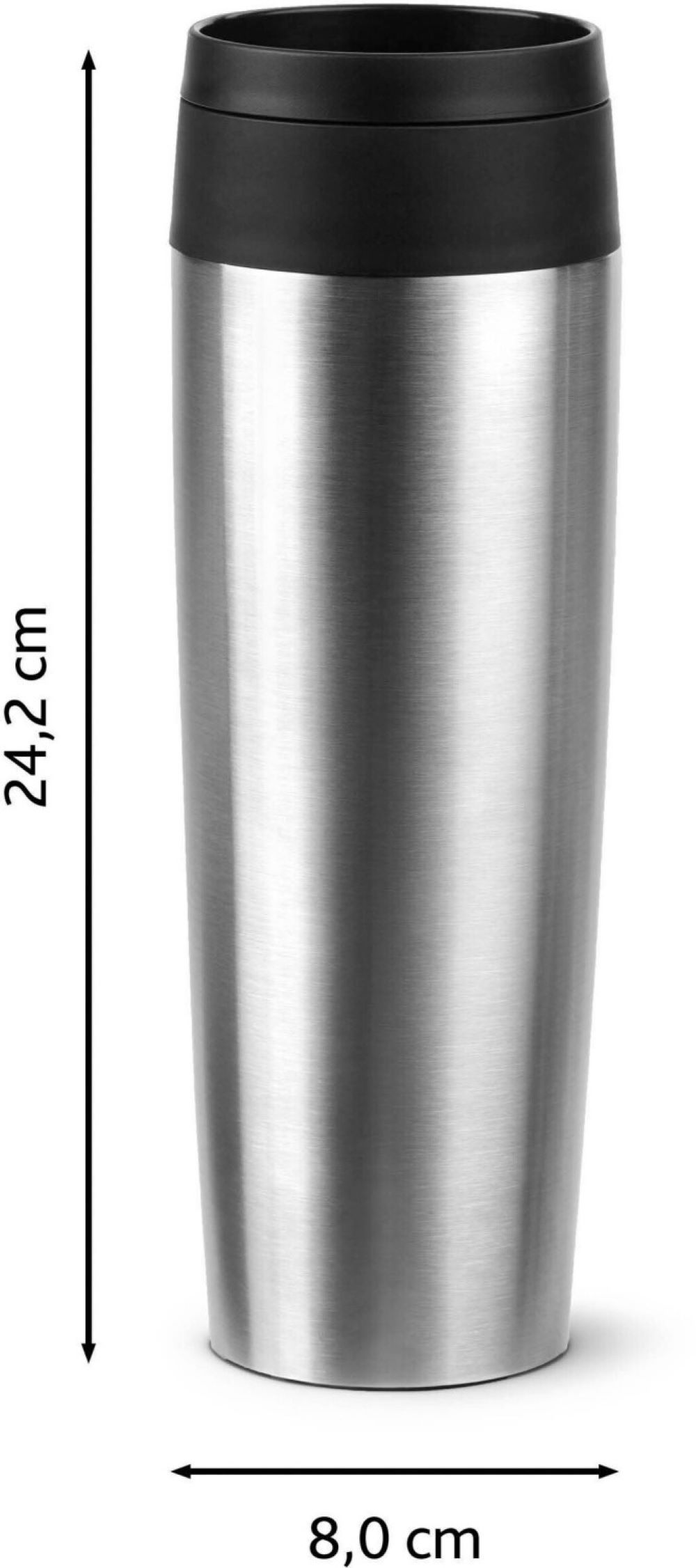 Thermobecher mit Maßen – stilvoller Becher mit Kaffeeprägung und Edelstahl Silberfarbener Thermobecher mit schwarzem Deckel frontal aus Augenhöhe vor neutralem Hintergrund aufgenommen