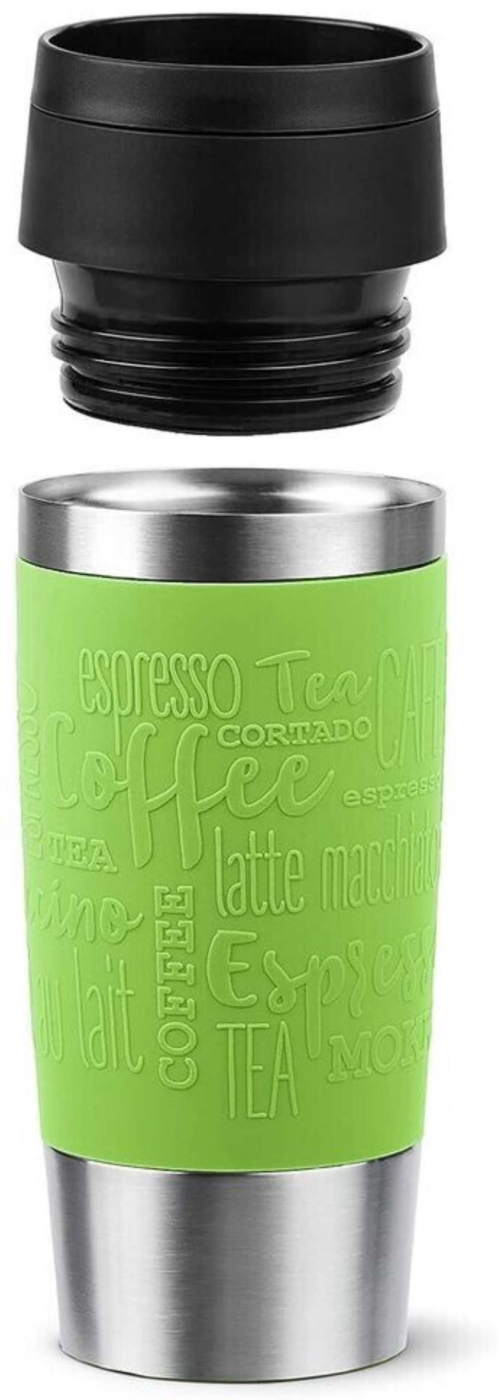 Thermobecher mit Kaffeeprägung – stilvoller Becher mit Edelstahl und schwarzem Deckel Thermobecher mit Edelstahlkörper grünem Griff und schwebendem Deckel frontal aus Augenhöhe aufgenommen