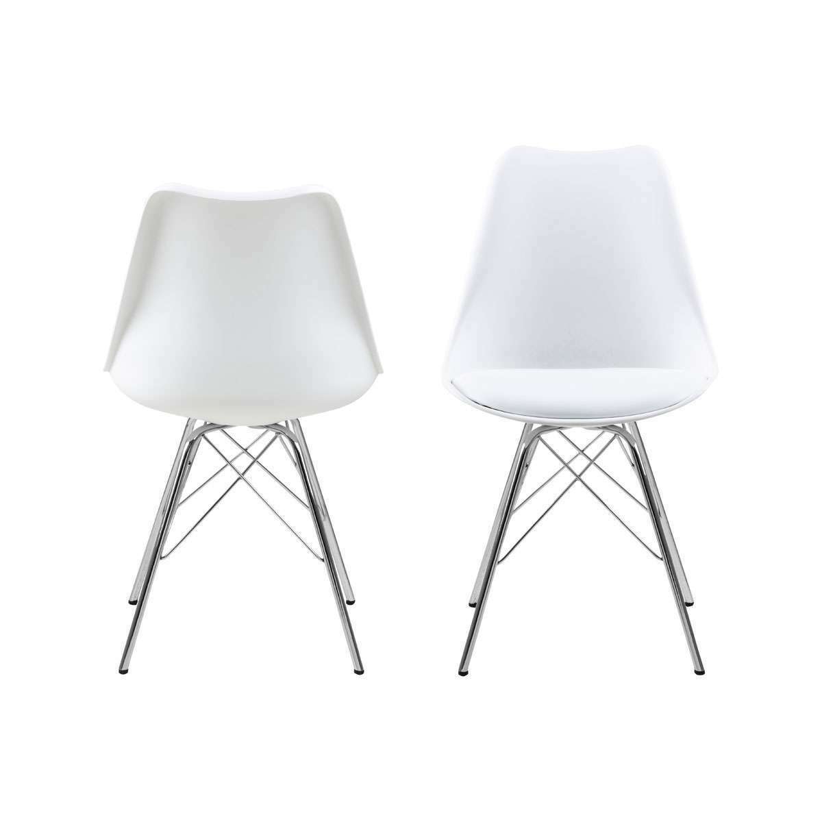 Zwei moderne Esszimmerstühle mit weißen Sitzen und verchromten Metallbeinen  zeitgemäßes Design mit klarer Formensprache