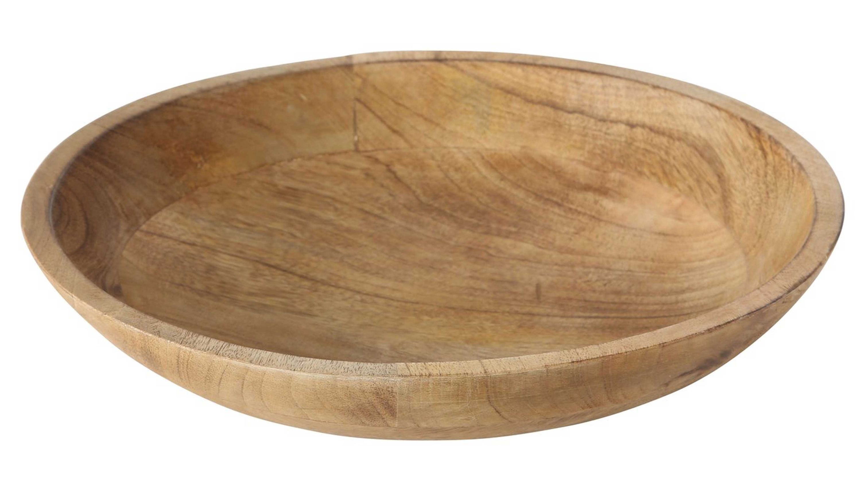 Runde Holzschale mit flachem Rand Runde Holzschale mit flachem Rand und natürlicher Maserung in hellbraun