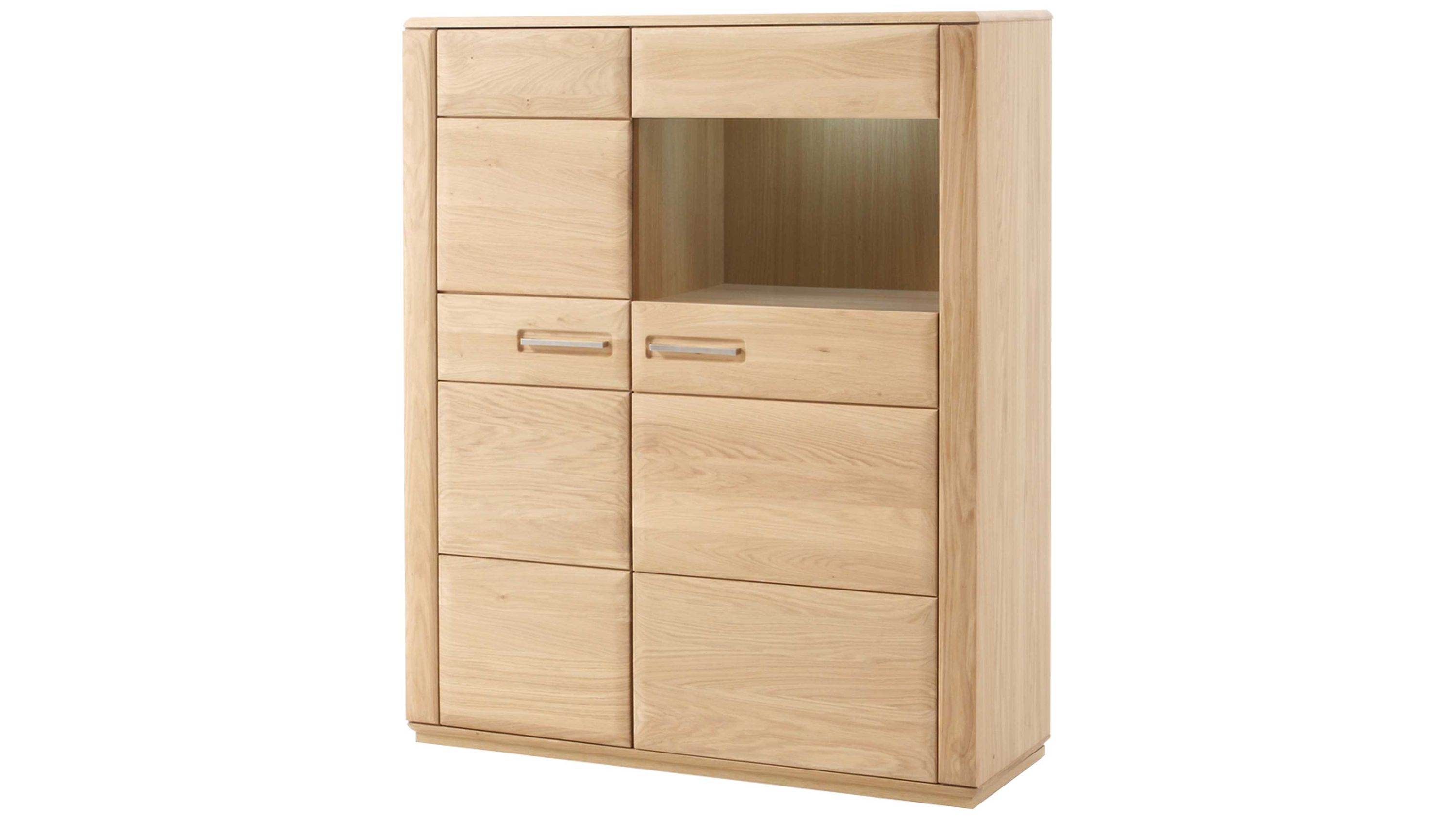 Helles Highboard mit zwei Türen zwei Schubladen und offenem Fach in Holzoptik