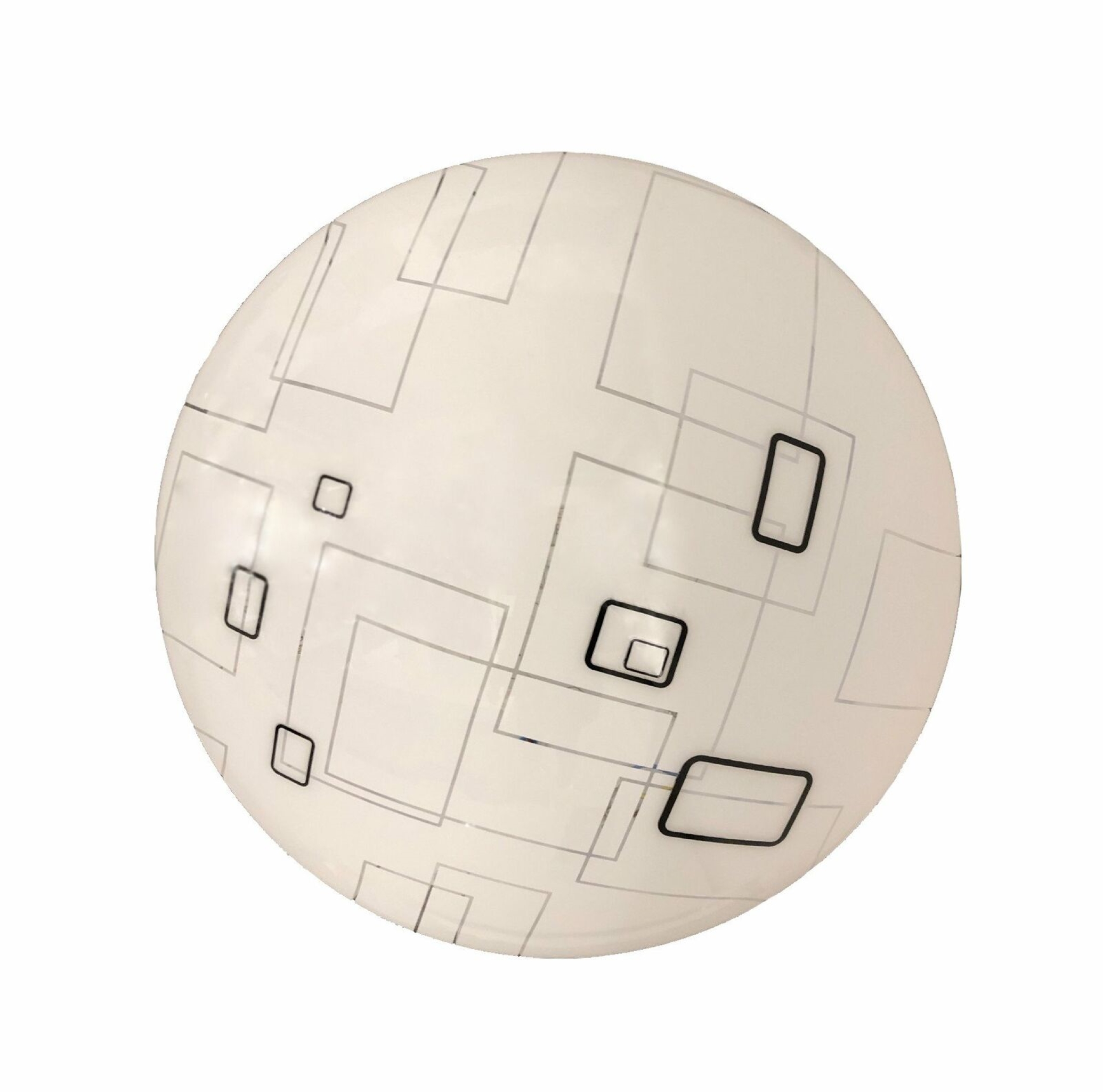 Runde Deckenleuchte mit grafischem Muster aus Rechtecken und Quadraten in verschiedenen Grautönen