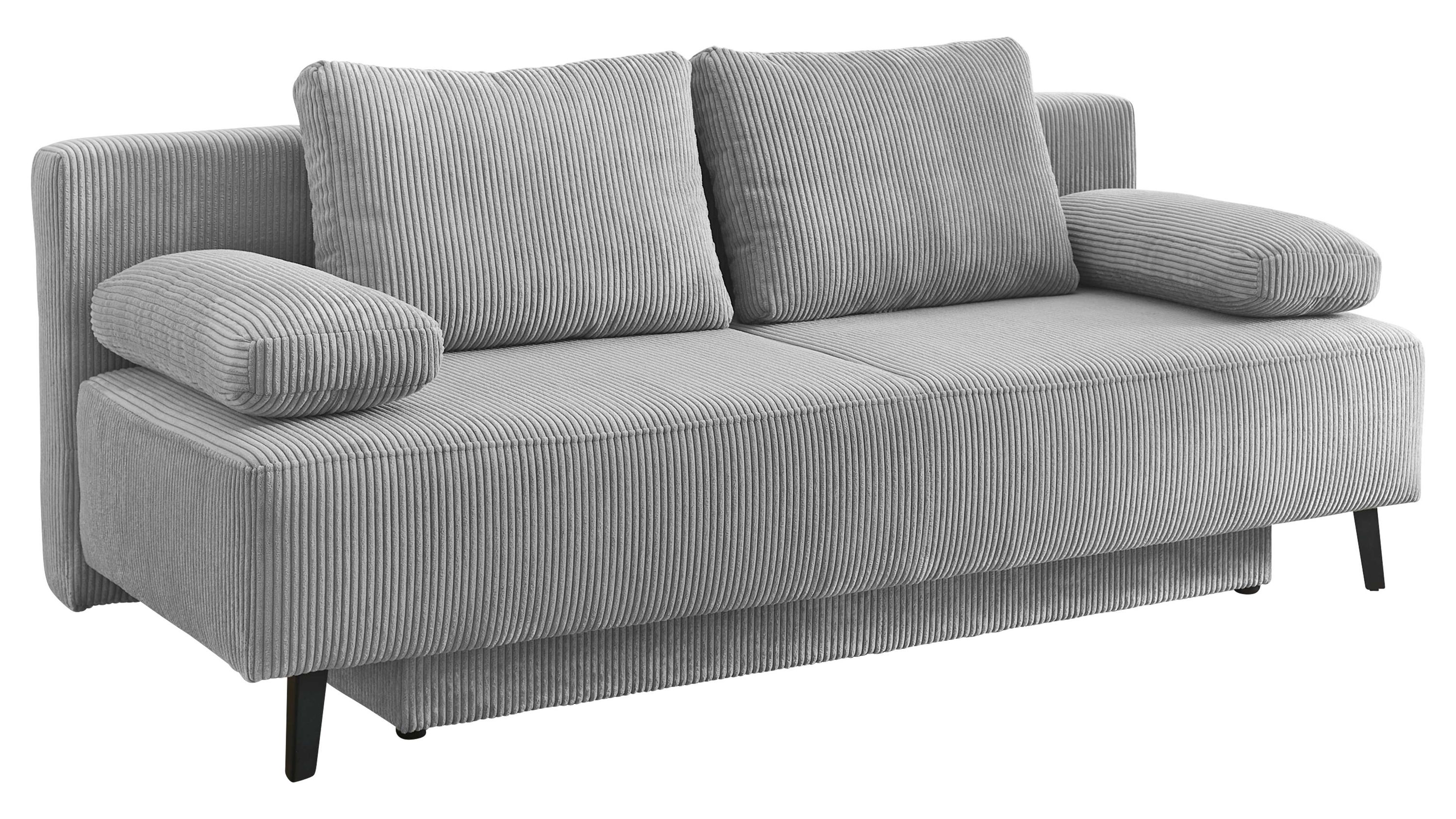 Graues Schlafsofa mit breitem Cordbezug zwei Rückenpolstern zwei Armlehnenpolstern und schwarzen Metallfüßen