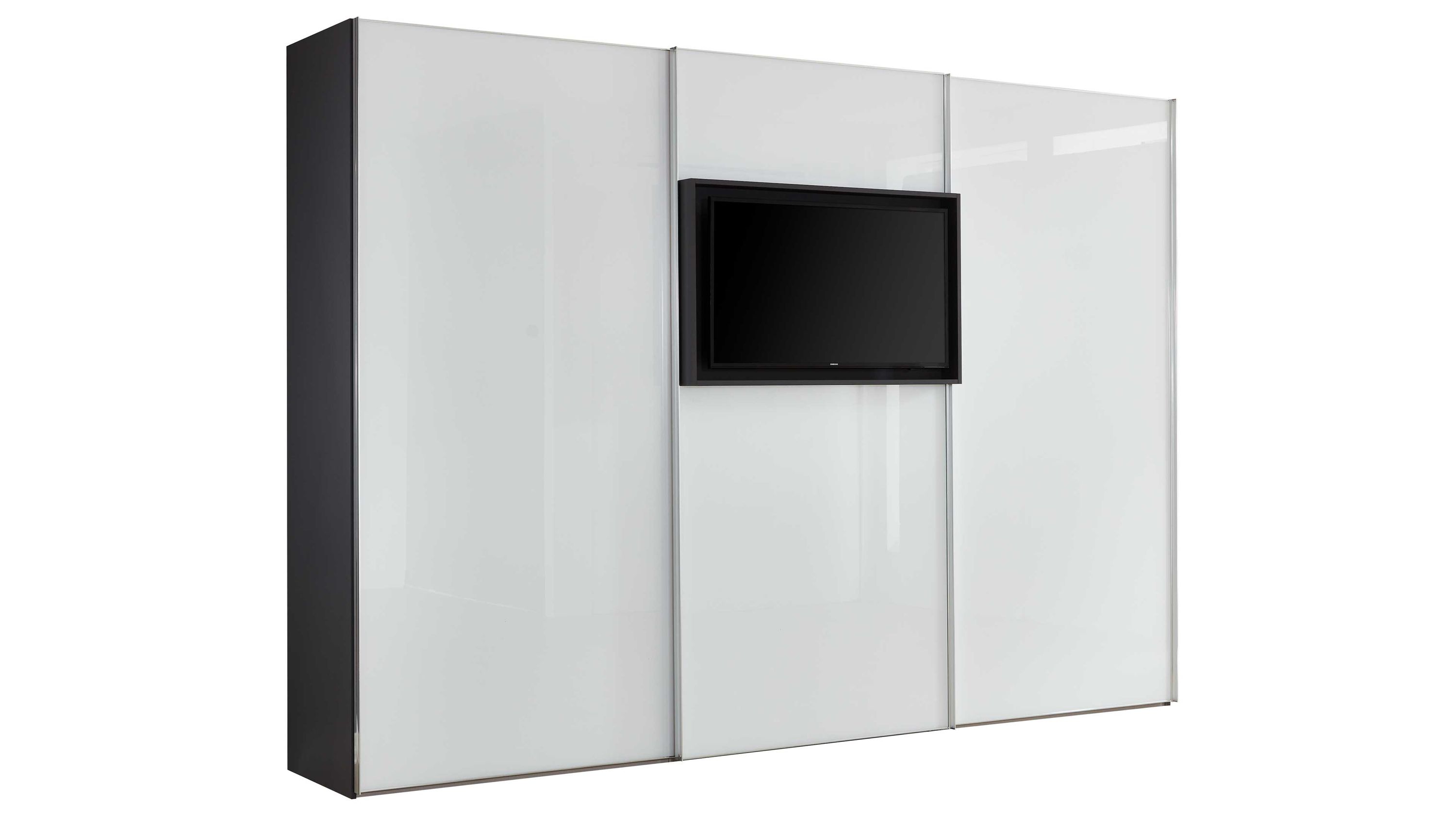 Schwebetürenschrank mit TV-Nische und drei Türen in Weiß und Schwarz Schwebetürenschrank mit drei weißen Türen und schwarzer Seitenfläche mittig mit TV-Nische und Fernseher