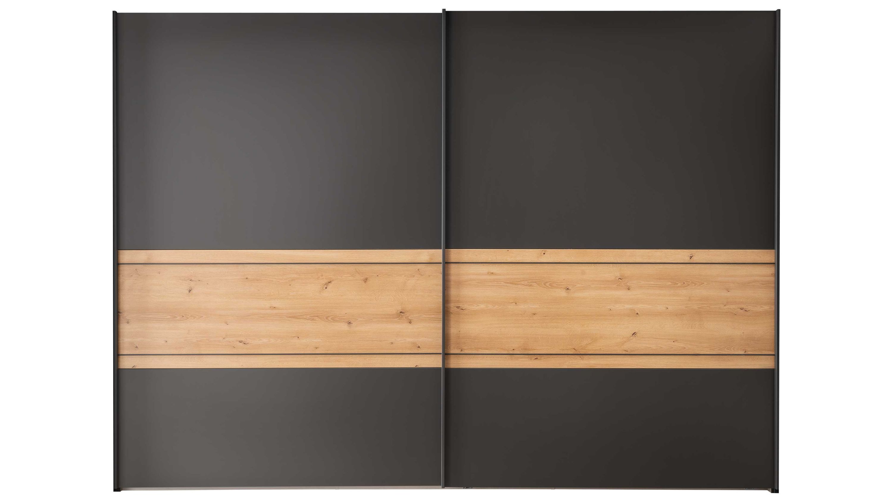 Schwebetürenschrank mit zwei Türen in Grau und Holzoptik Schwebetürenschrank mit zwei Türen in dunklem Grau und mittigem Streifen in heller Holzoptik
