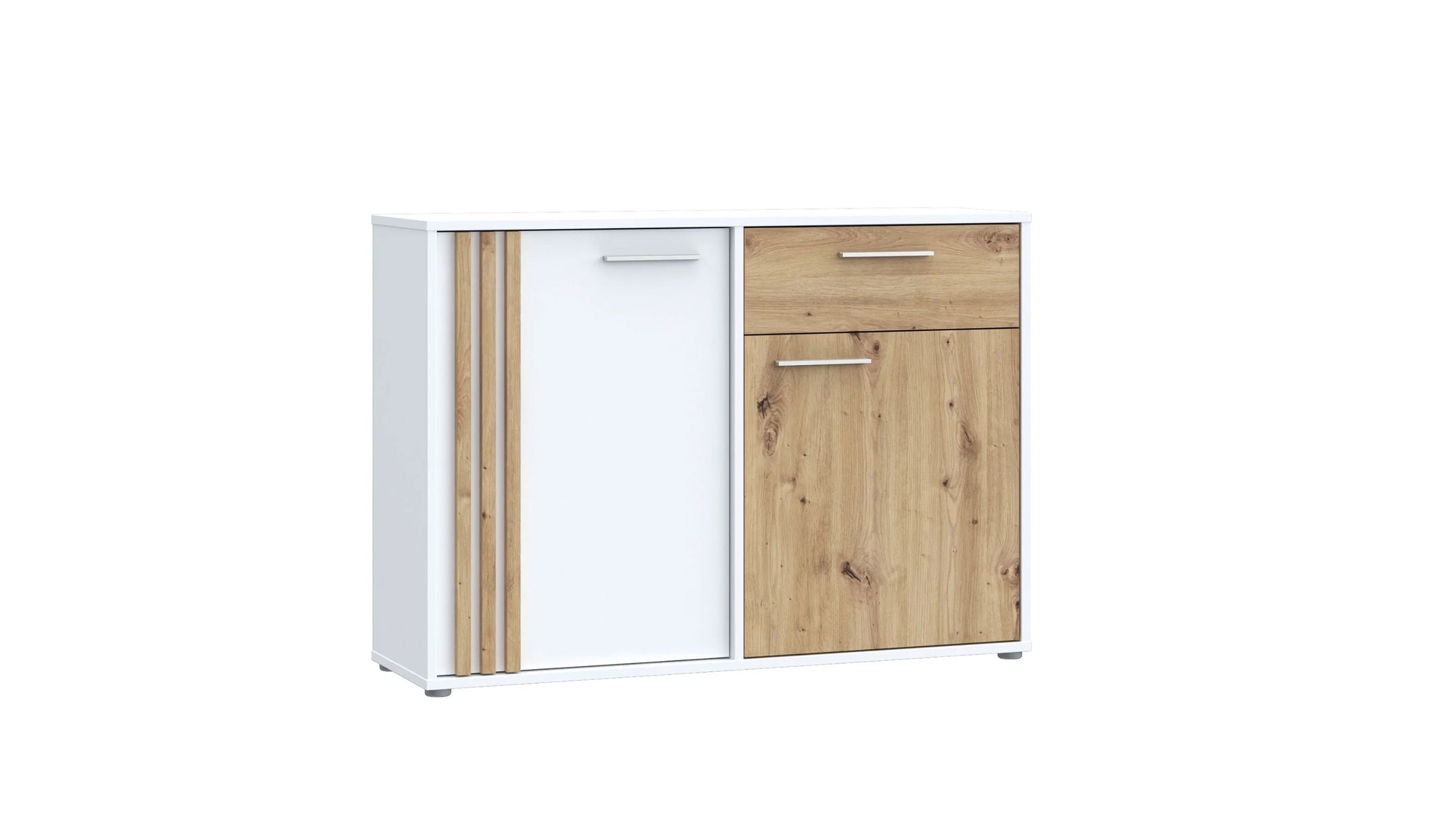 Kommode mit Türen und Schublade in weiß und holzfarben Kommode mit zwei Türen und einer Schublade in weiß und holzfarben mit Griffen