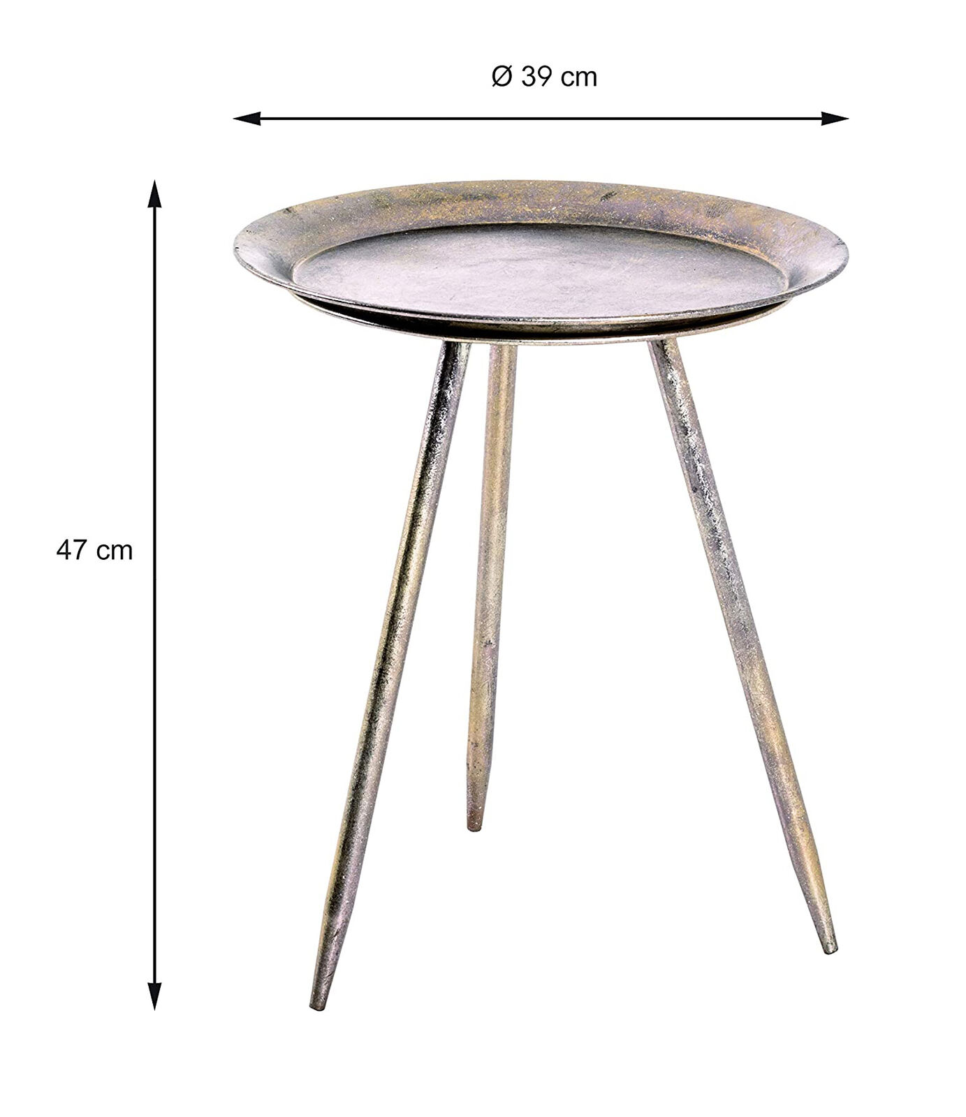 Runder Tisch mit drei Beinen, 47 cm hoch und 37 cm Durchmesser, frontal auf hellem Hintergrund fotografiert.