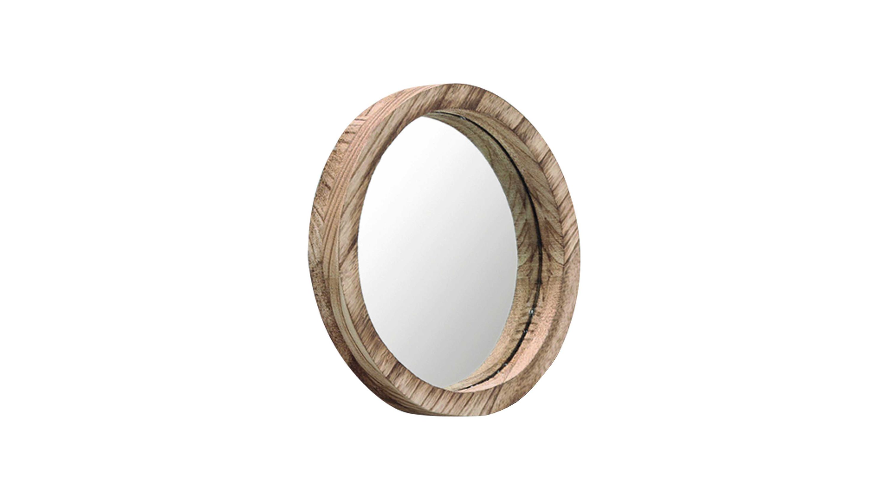 Runder Wandspiegel mit breitem Rahmen aus hellem Holz