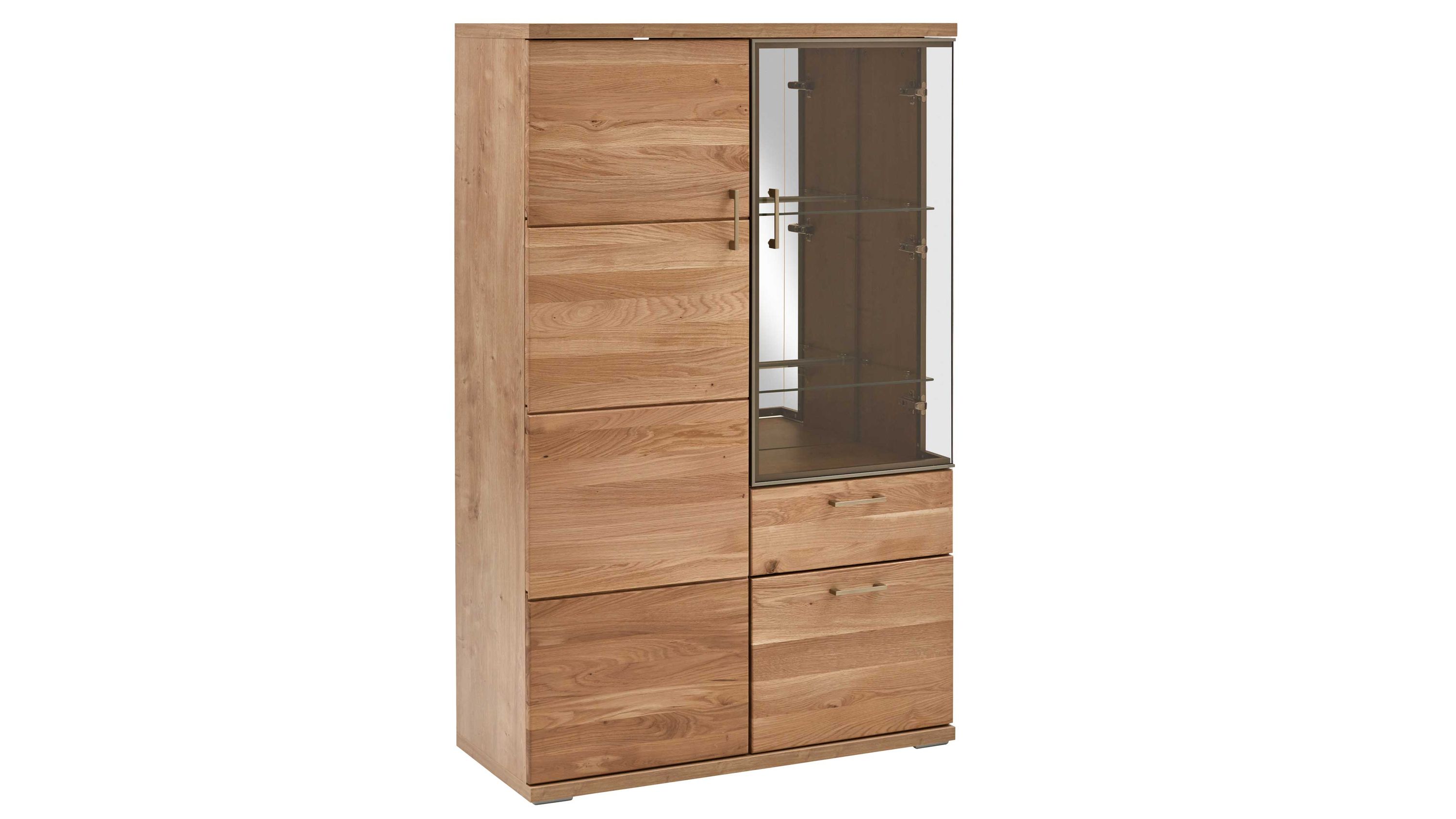 Vitrine mit Holztüren und braunem Glas Vitrine mit drei Holztüren einer Schublade und braunem Glas an der rechten Seite